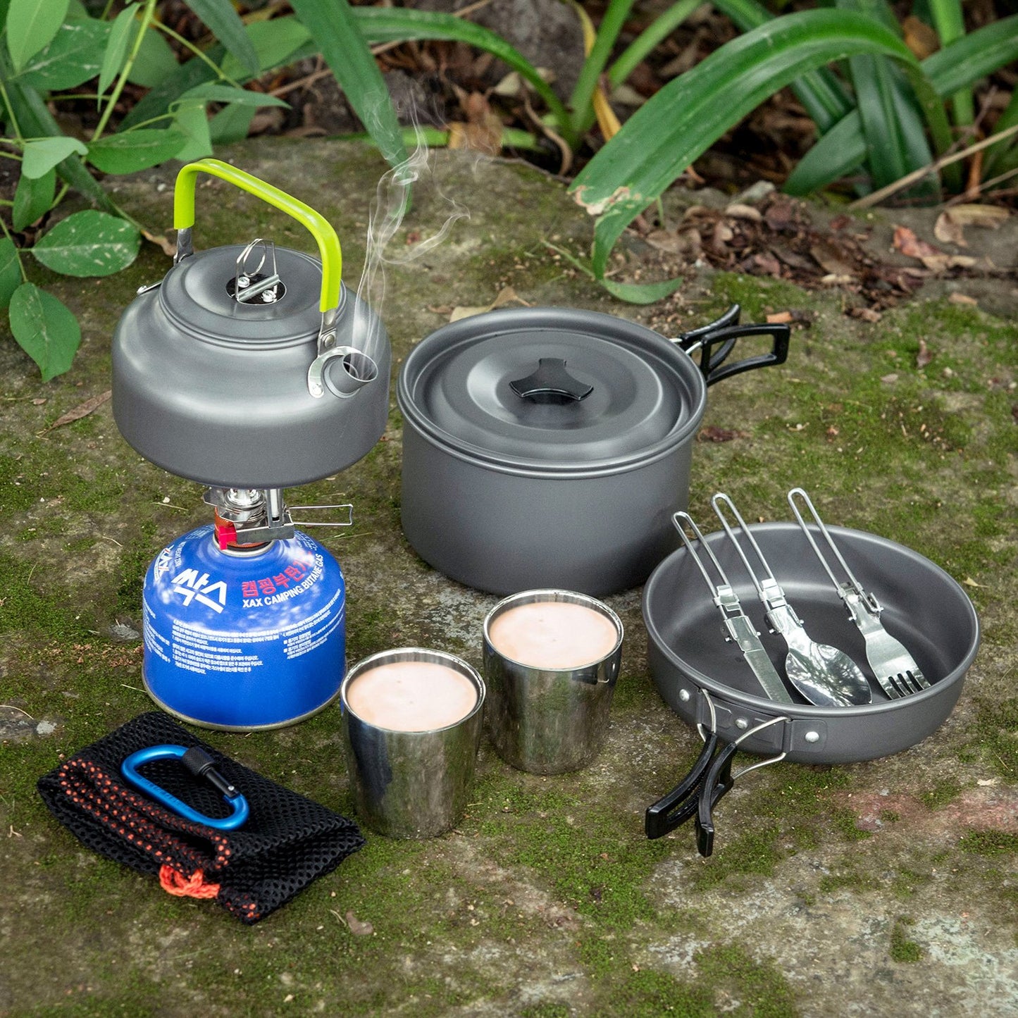 - Odoland Camping Cookware Mess Kit | 2 People | Lightweight Outdoor Pot Pan Kettle with 2 Cups -