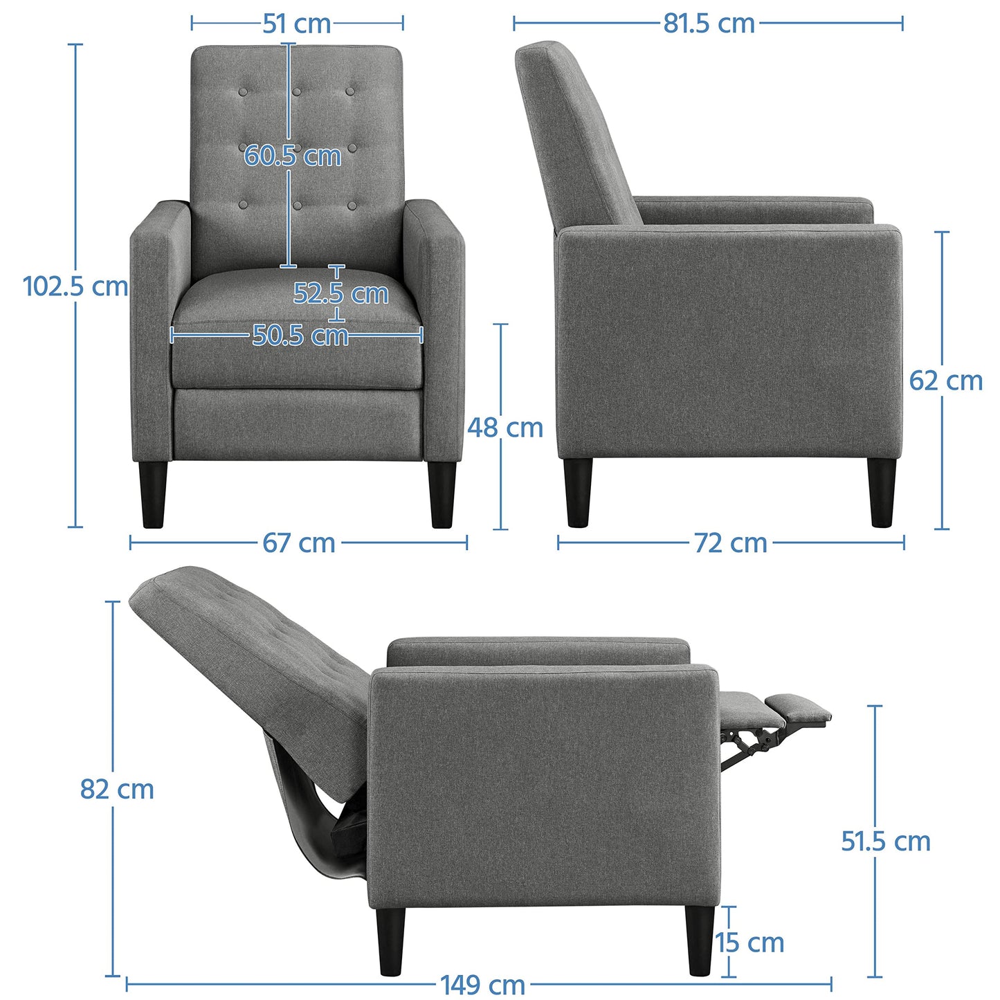 - Yaheetech Grey Modern Recliner Chair Adjustable Reclining Armchair Upholstered Sofa Couch.