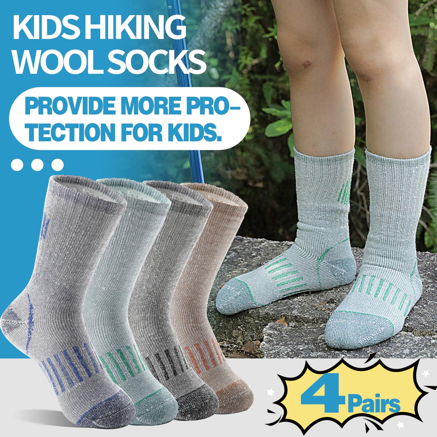 Anlisim Kids Merino Wool Hiking Socks Boys Girls Thermal Winter Warm Boot Thick Snowboarding Socks 4 Pairs for Teen Gifts Stocking Fillers(Assorted,8-12 Years)