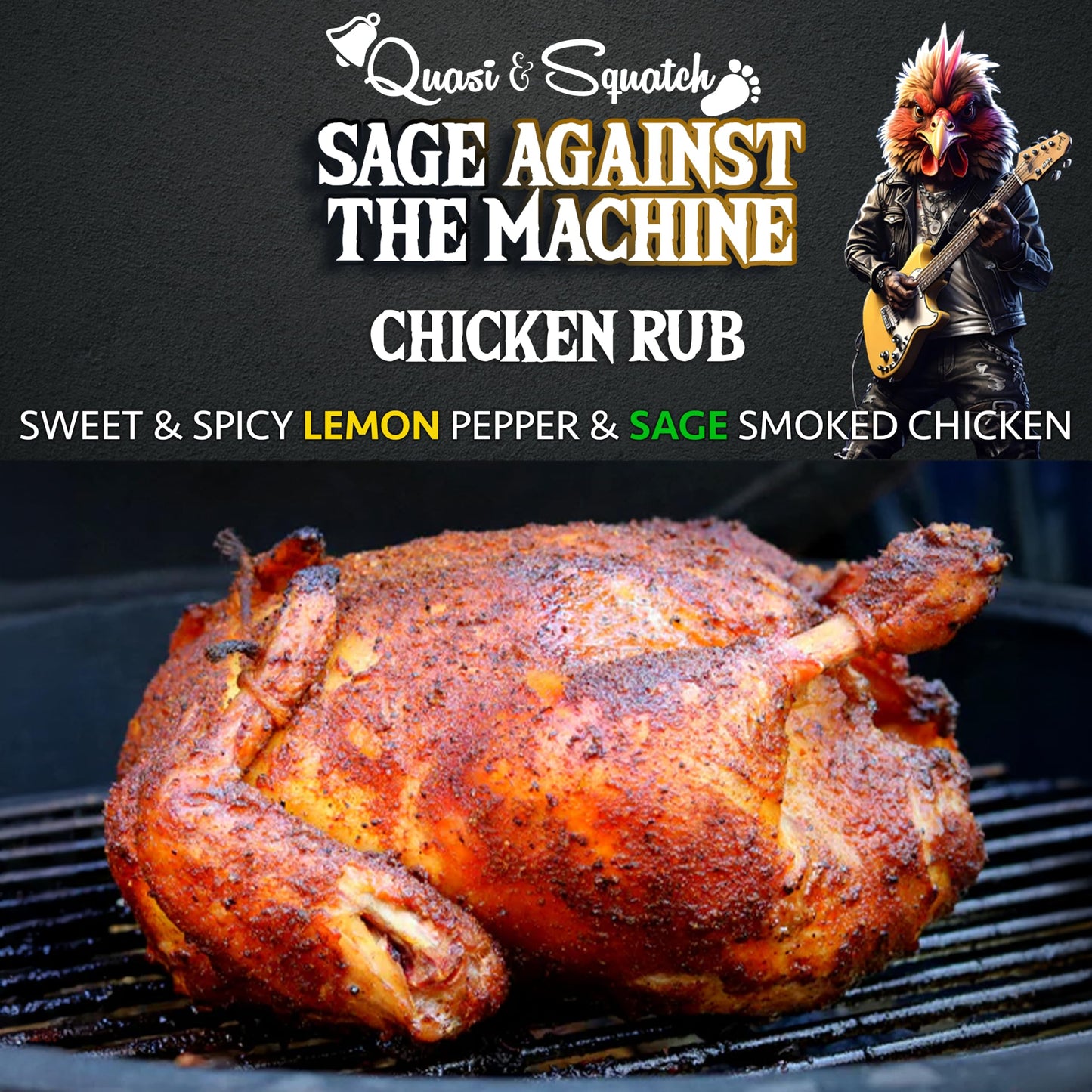 BBQ Rub for Chicken by Quasi & Squatch - Sage Against The Machine - Chicken Rub (Smokey Lemon Pepper & Sage) Smoked Chicken & Wings Rub Seasoning | Dry Spice for Professional BBQ & Grill | Large 220g