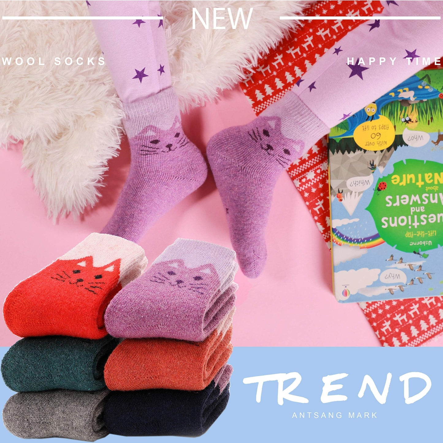 ANTSANG Kids Merino Wool Walking Socks for Toddlers Boys Girls Winter Hiking Thick Warm Heavy Thermal Cosy Crew Boot Cabin Gift Socks 6 Pairs(Little Cat,4-7 Y)