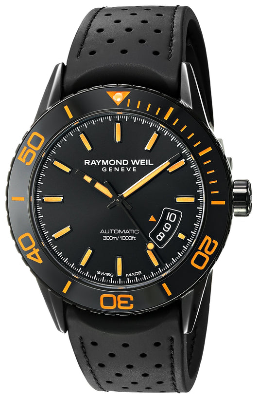 - Raymond Weil 2760-SB2-20001 Mens Freelancer Rubber Strap Watch | Black Diving Watch -