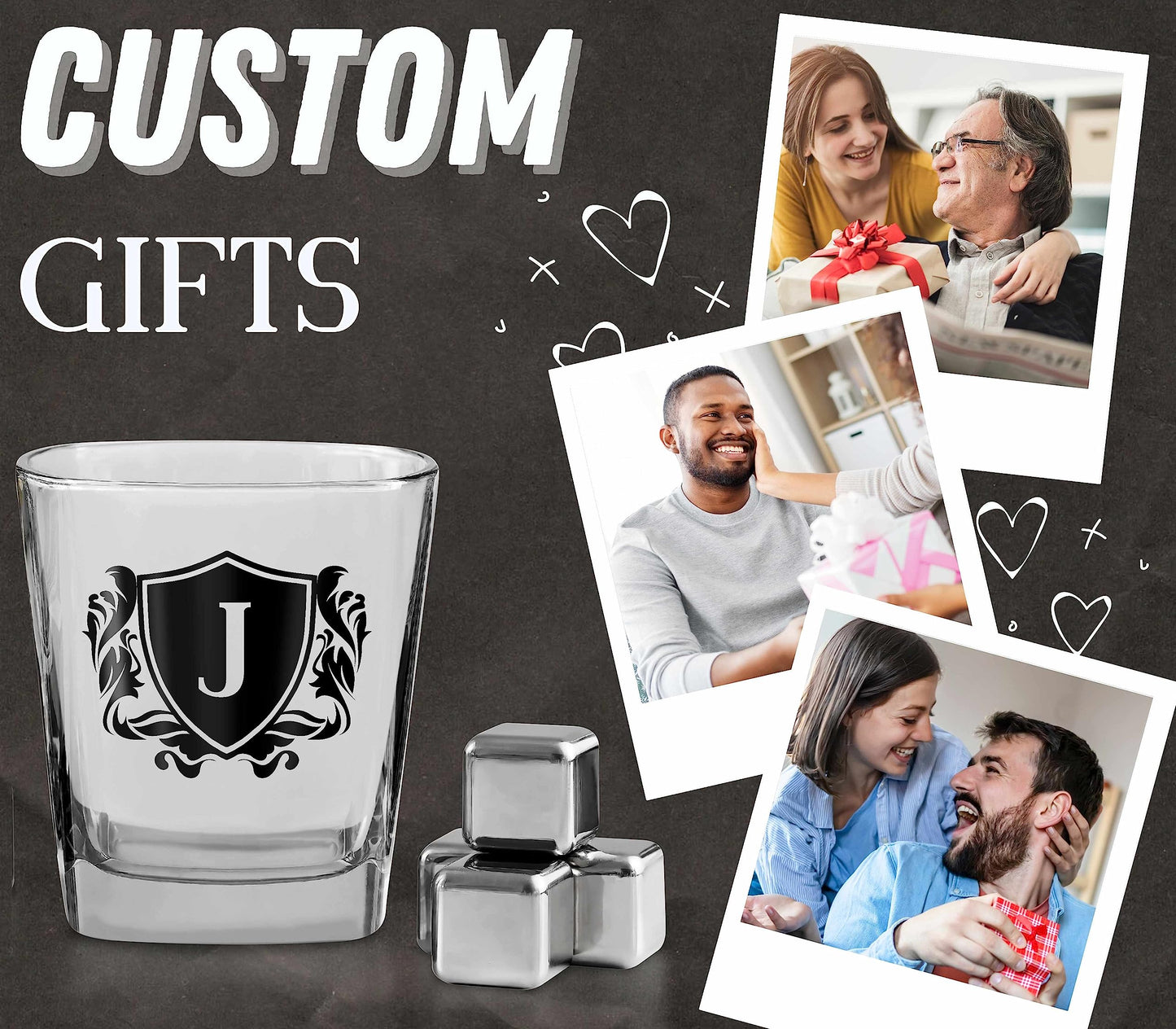 - Whisky Gifts for Men, Personalized Initial Whiskey Glass with Whiskey Stones for Dad