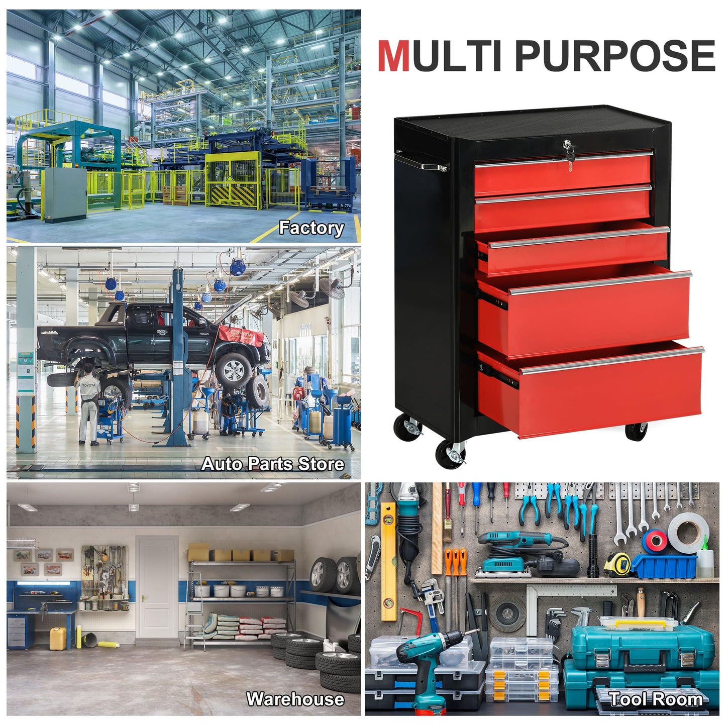 - HOMCOM 5-Drawer Lockable Steel Tool Storage Cabinet | Wheels | Handle 2 Keys | Organisation Box -