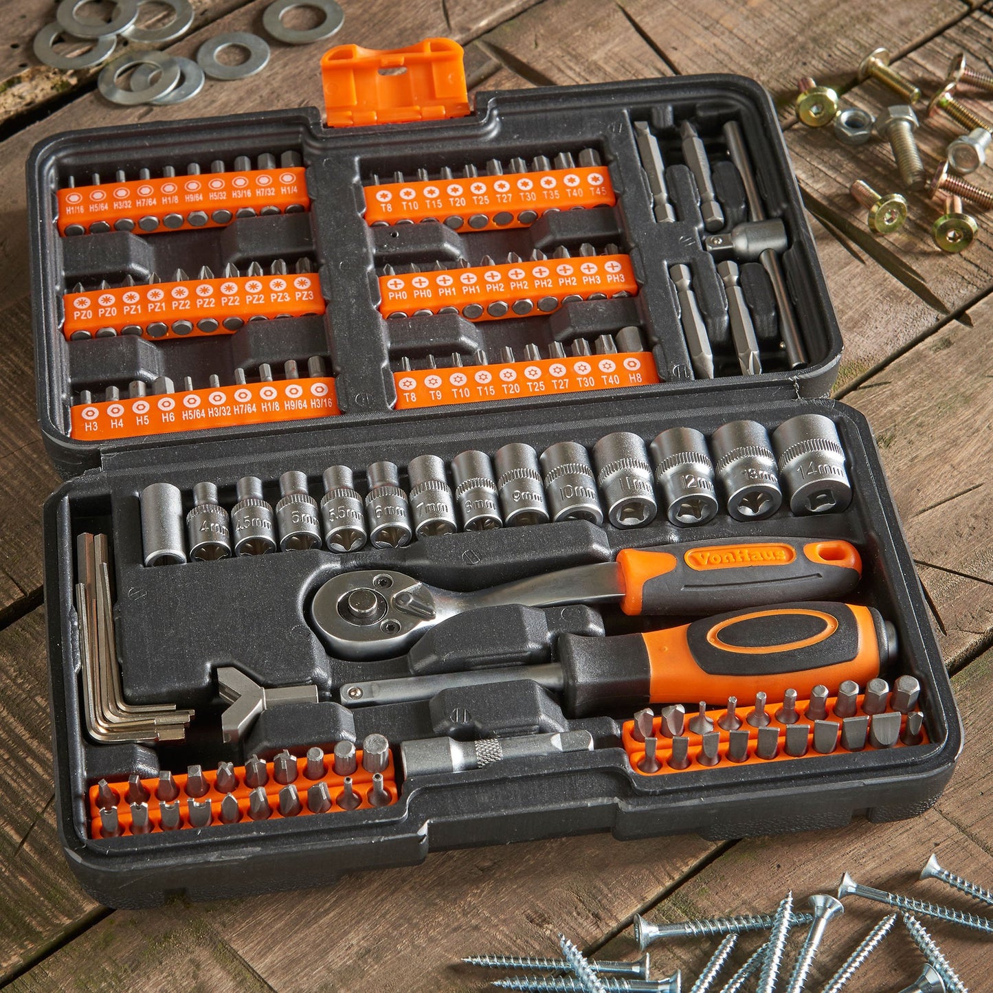 - VonHaus 130pc Socket + Bit Set Including 72-Teeth Ratchet Handle -