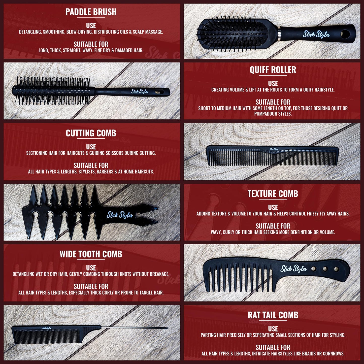 - Slick Styles Hair Brush and Hair Comb Set of 6 for Styling | Mens Hair Brush Set -