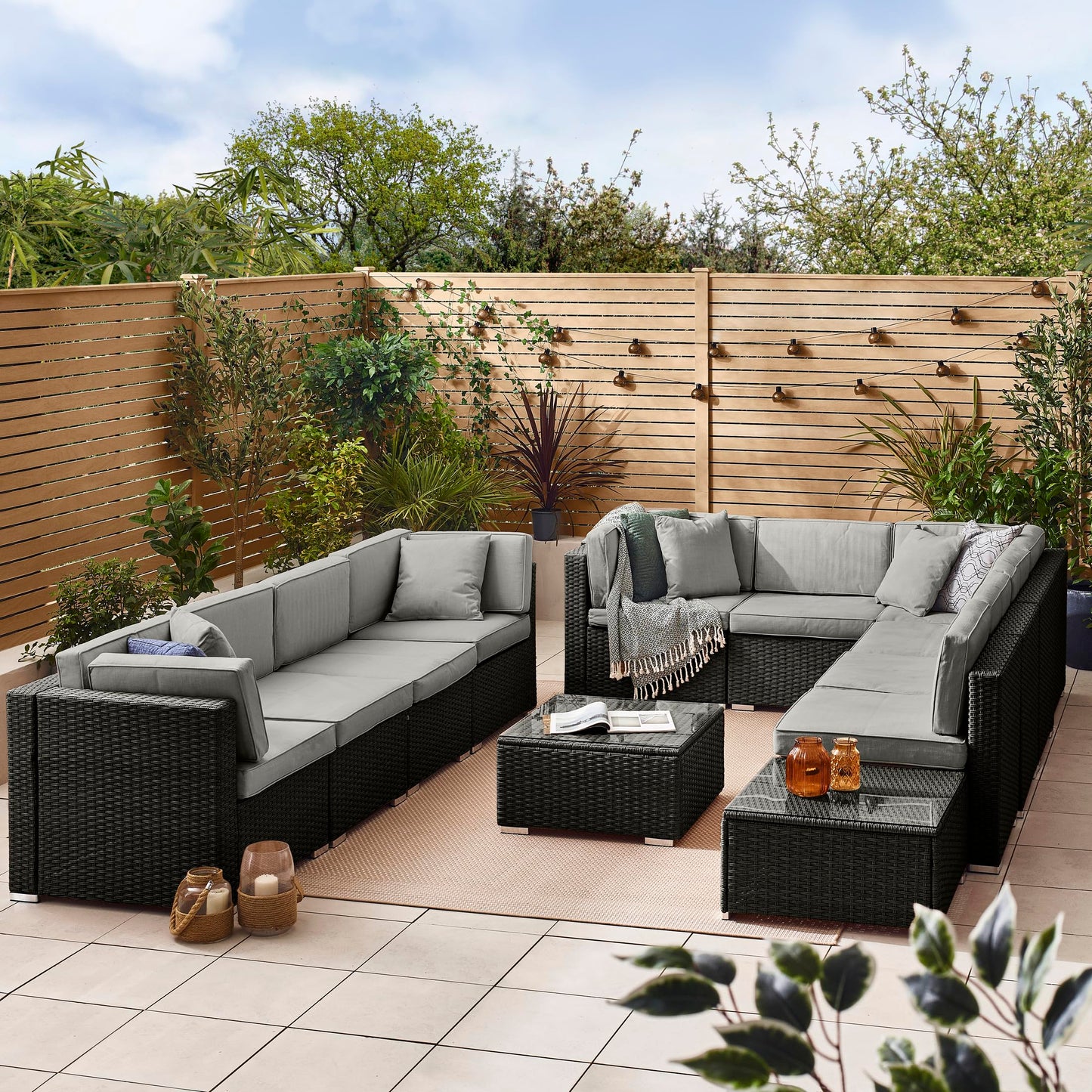 - Furniturebox UK | Orlando 10 Seat Modular Outdoor Garden Sofa | Black Rattan Garden Sofa With Grey Cushions -