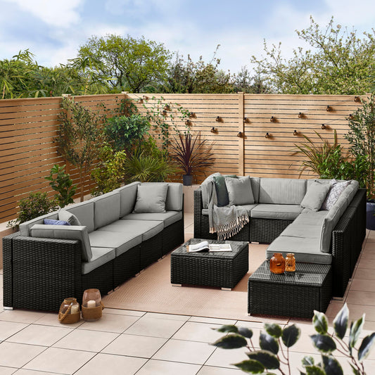 - Furniturebox UK | Orlando 10 Seat Modular Outdoor Garden Sofa | Black Rattan Garden Sofa With Grey Cushions -
