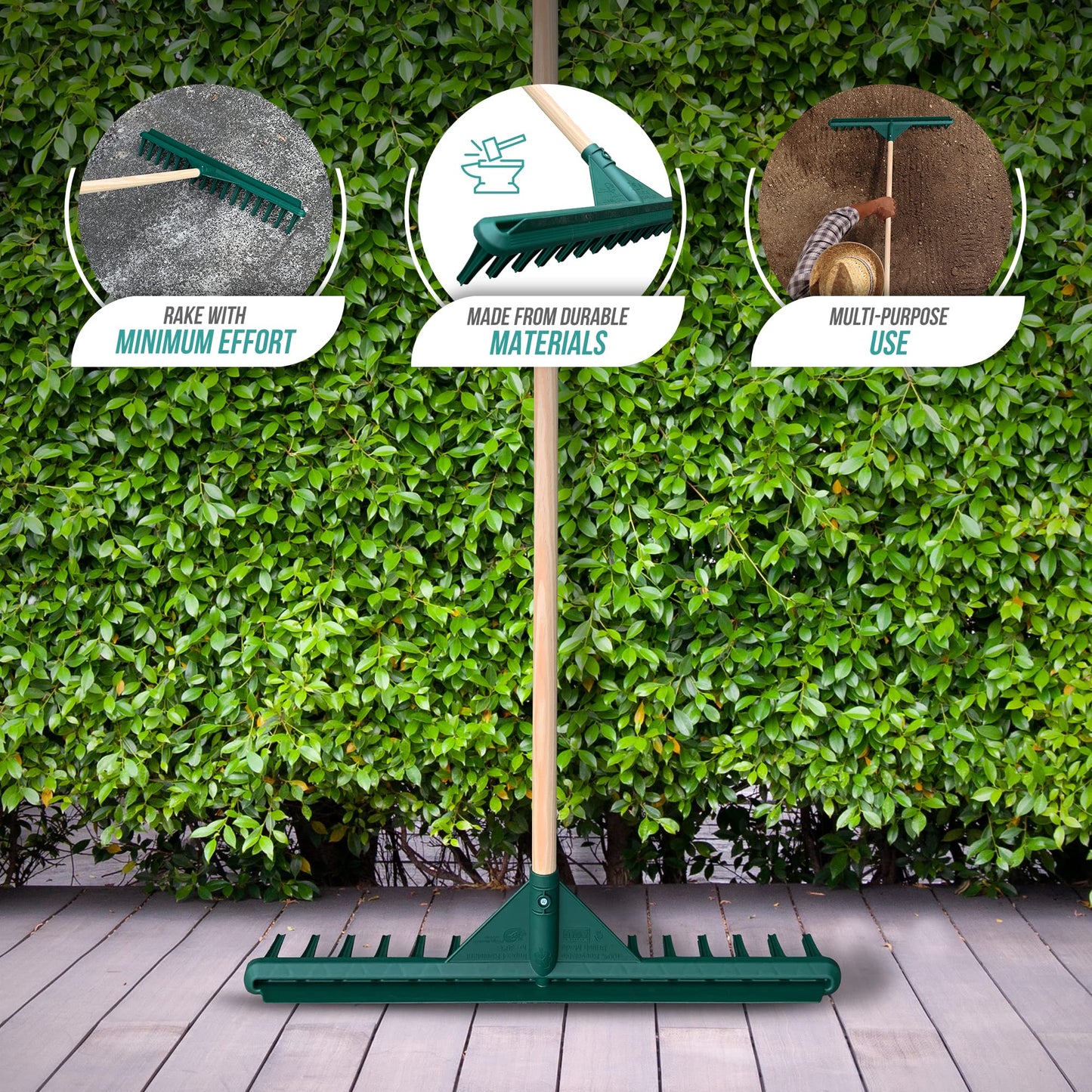70cm Large Garden Rake with Long Wooden Handle, 16-Teeth Durable Plastic Rake with a Built-in Flat Piece for Soil Leveling, Traditional Grass Rake for Leaves, and Lawn Rake for Gardening & Landscaping
