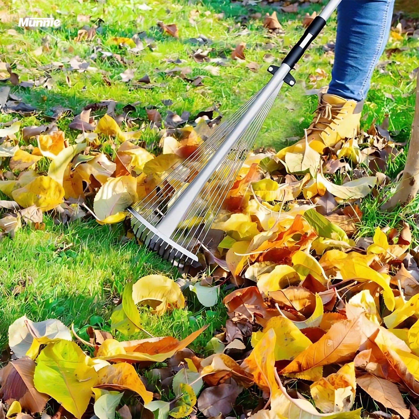 - Munnie 38-63 inch Garden Rake | Adjustable Soil Rake with 25 tines | Moss Rake for Quick Clean Up -