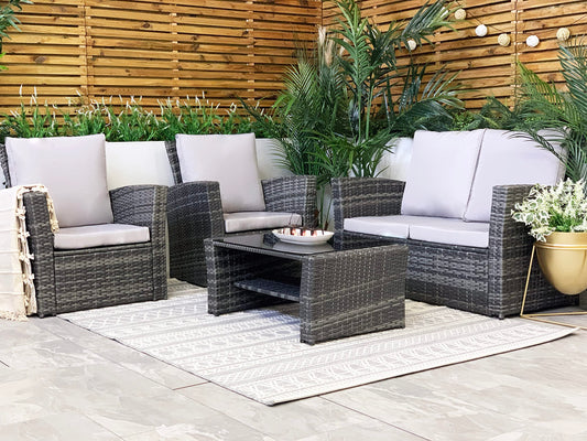 - Mixed Grey Outdoor Rattan Garden Furniture Set | Grey Cushions Luxury 4 Seater Sofa with Chairs and Coffee Table -