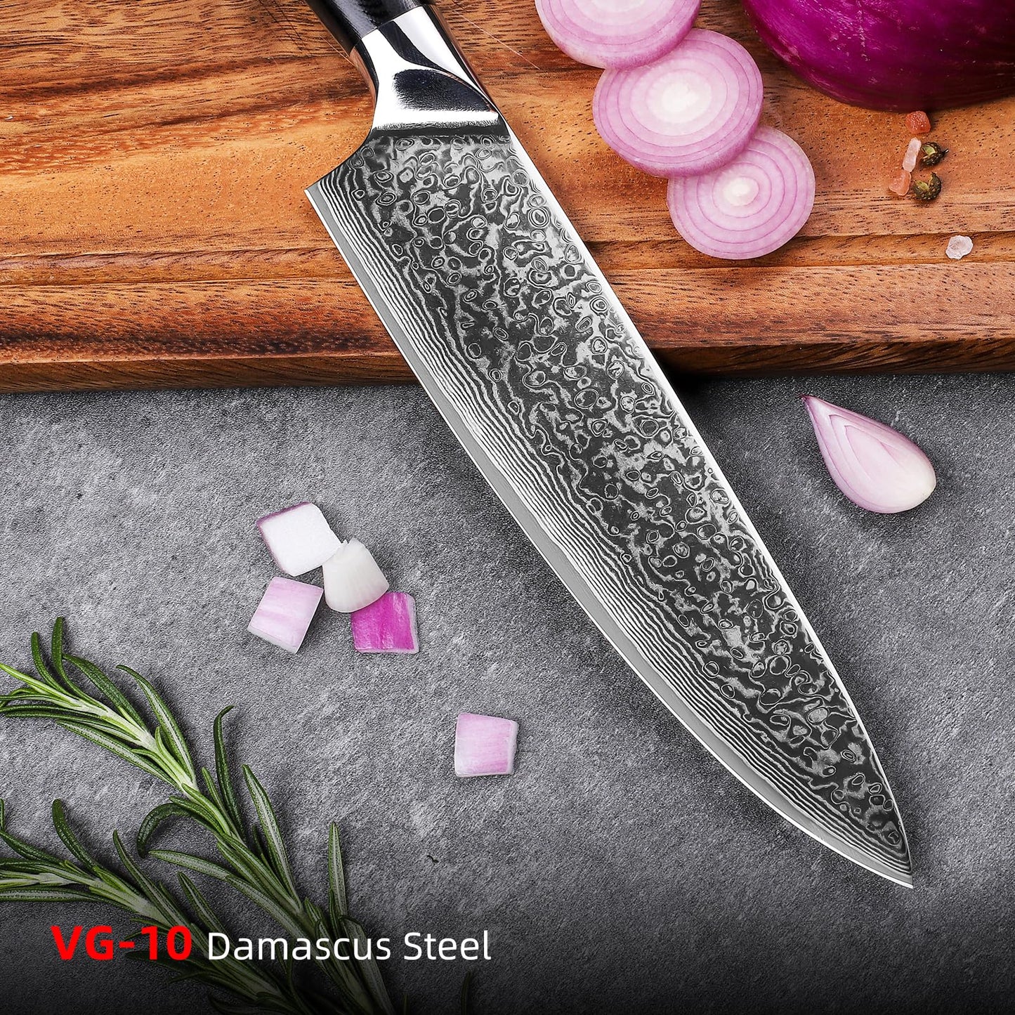 - Sunnecko Chef Knife 8 inch | Kitchen Knife with 73-Layer | VG10 Damascus Steel Sharp -