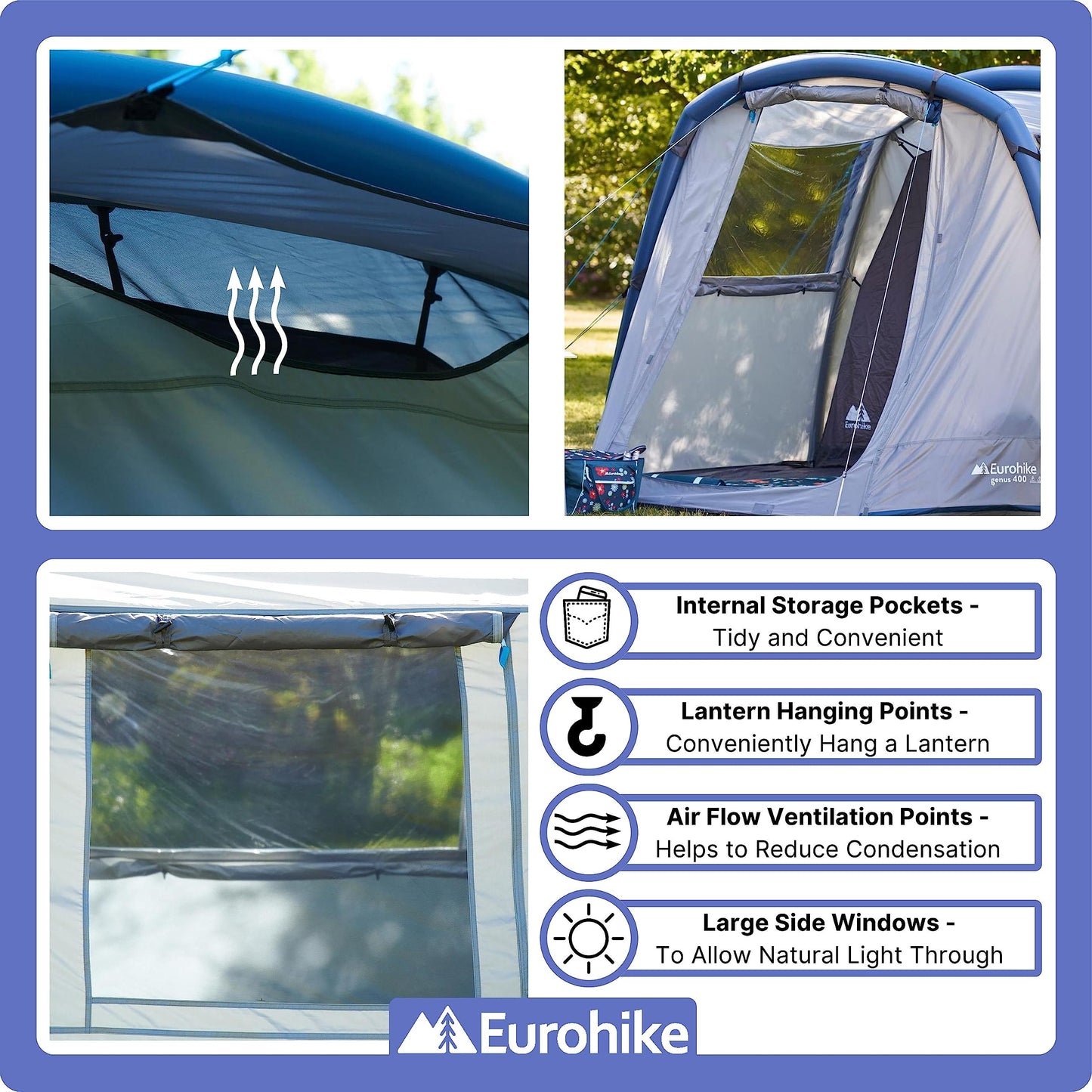 - Eurohike Genus 400 Inflatable 4 Person Air Tent | Separate Bedroom | Living Area | Porch -