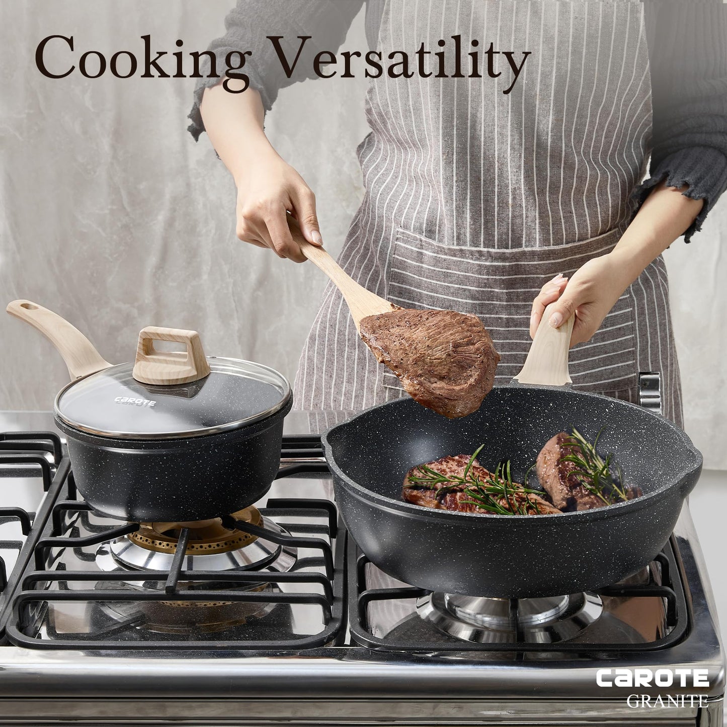 CAROTE Saute Pan with Lid, Non Stick Induction Deep Frying Pan with Lid, Stir-Fry Pan for All Hobs, 32cm/6 Litre