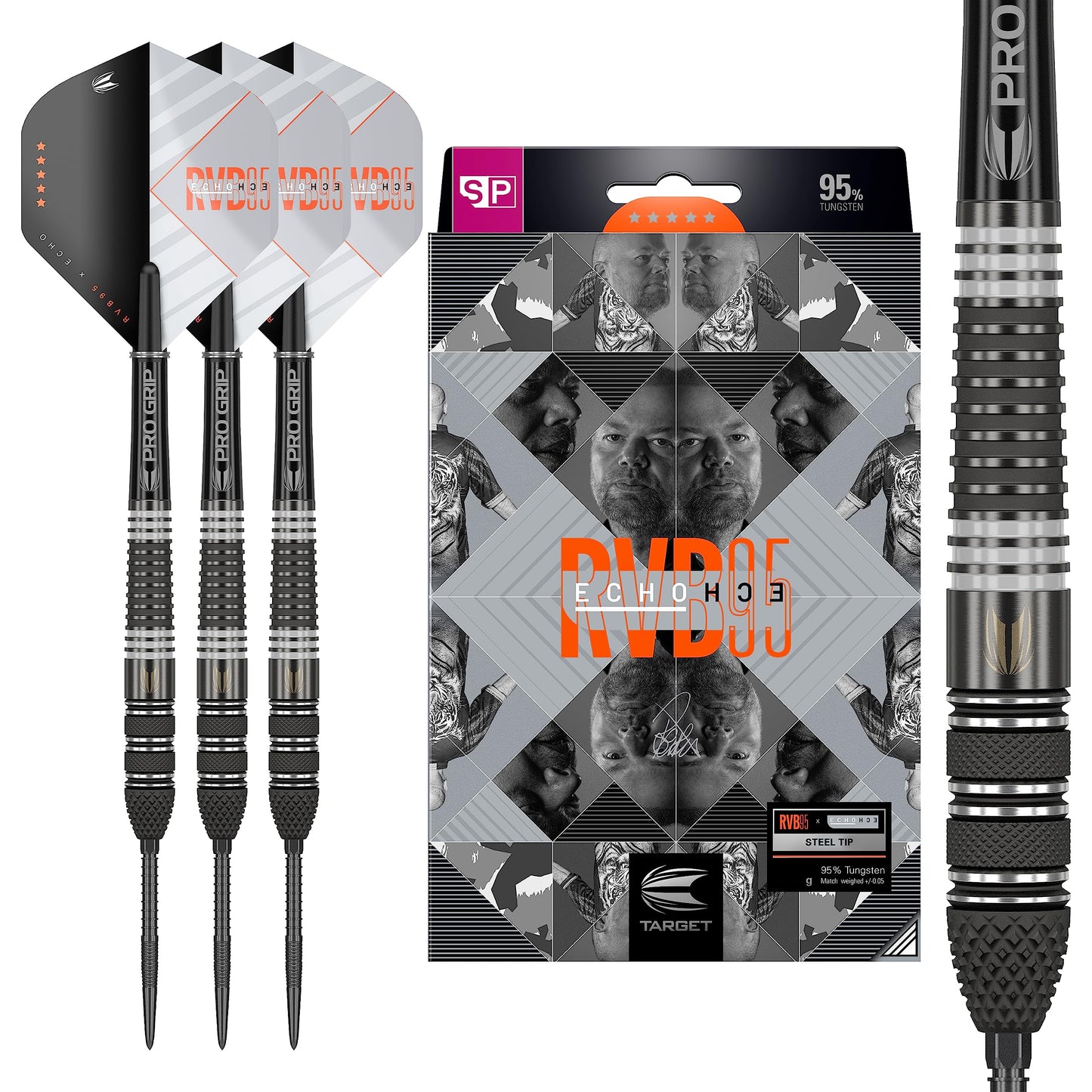 - Target Darts | Unisex | Rvb 95 | Tungsten | Swiss Point Set Steel Tip Darts | Black and Grey | 25G | UK -
