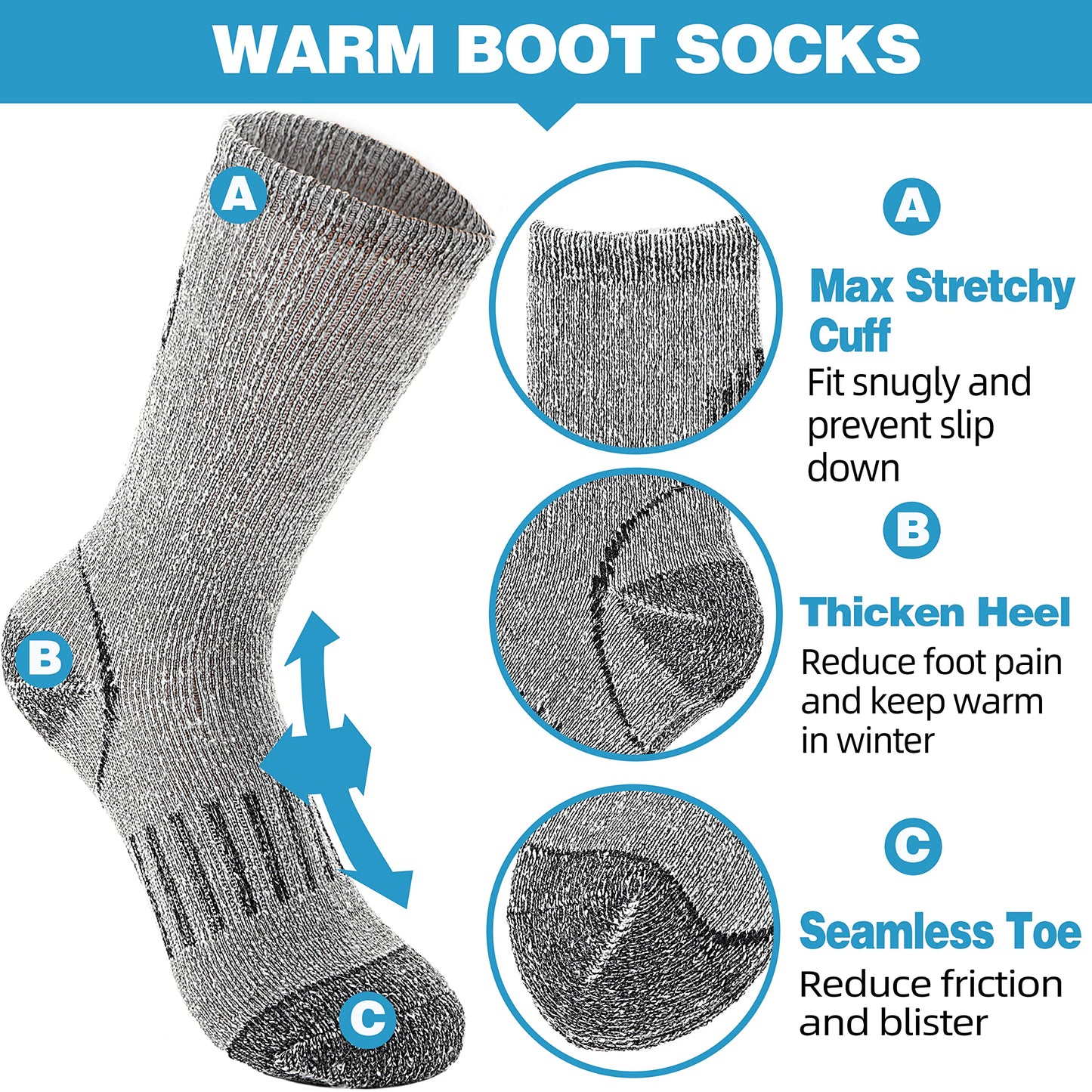 Anlisim Kids Merino Wool Hiking Socks Boys Girls Thermal Winter Warm Boot Thick Snowboarding Socks 4 Pairs for Teen Gifts Stocking Fillers(Assorted,8-12 Years)