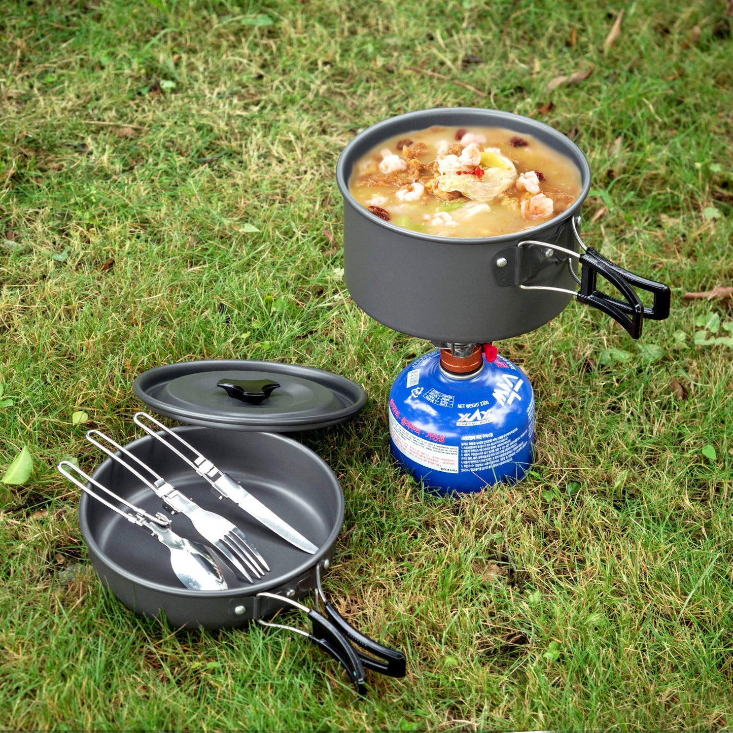 - Odoland Camping Cookware Mess Kit | 2 People | Lightweight Outdoor Pot Pan Kettle with 2 Cups -
