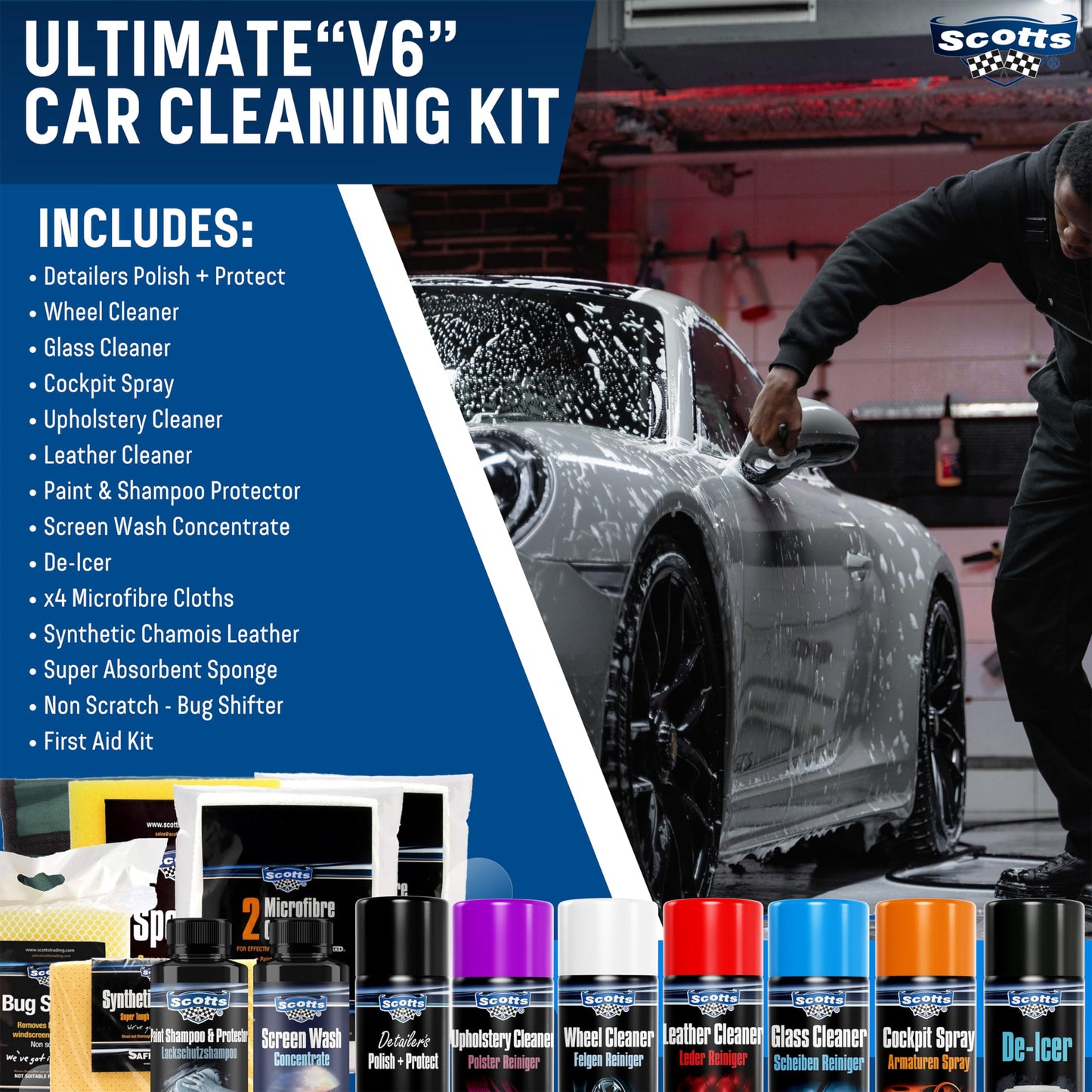 - Scotts Ultimate V6 Car Cleaning Kit | 15-Piece Professional Valeting Set for Interior & Exterior | Perfect Car Wash Gift Pack -