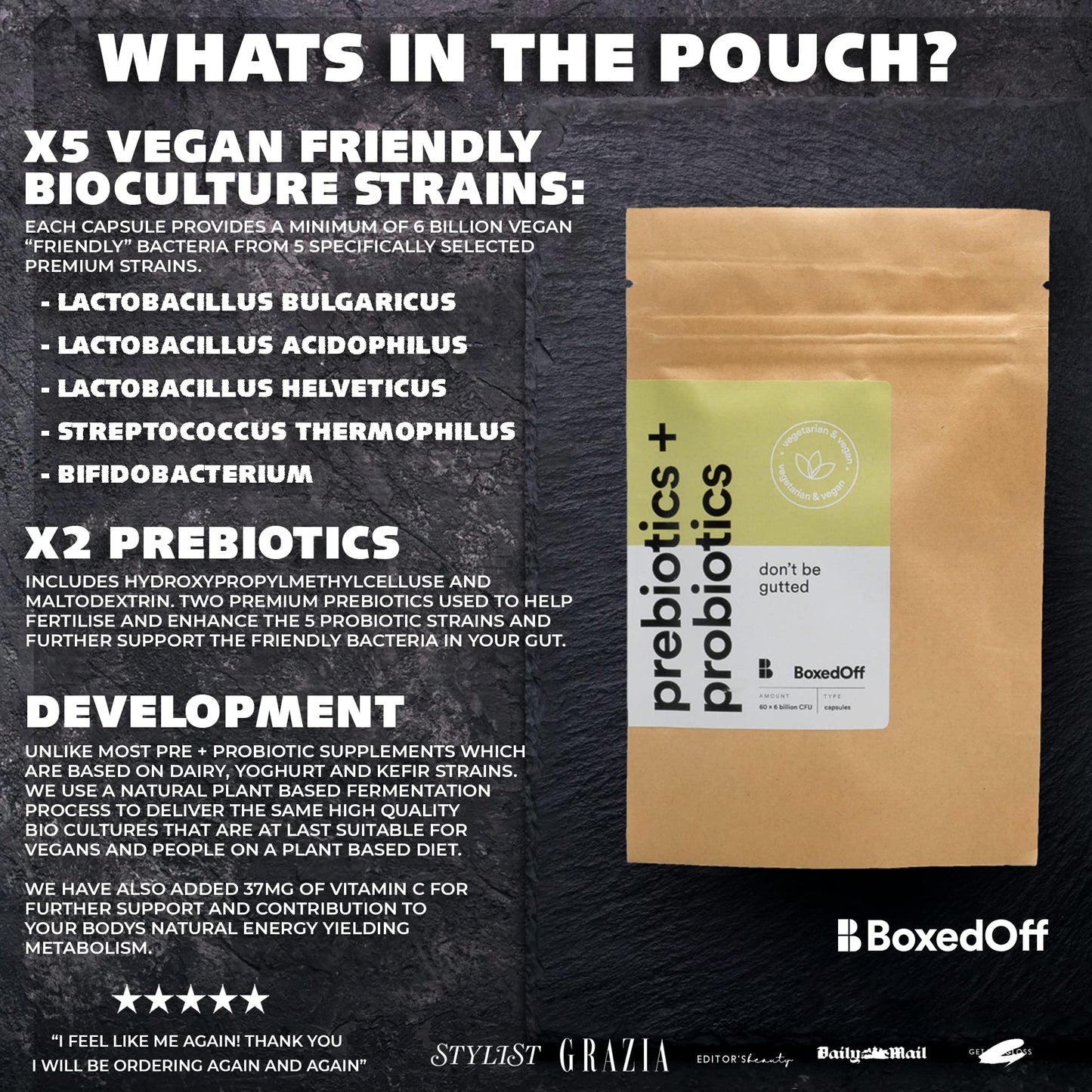Bio Cultures Premium Prebiotics + Probiotics Complex ā 60 Vegan Capsules, Non Dairy, 12 Billion CFU Multi Strain High Strength Probiotics for Men & Women - Boxed Off Supplements