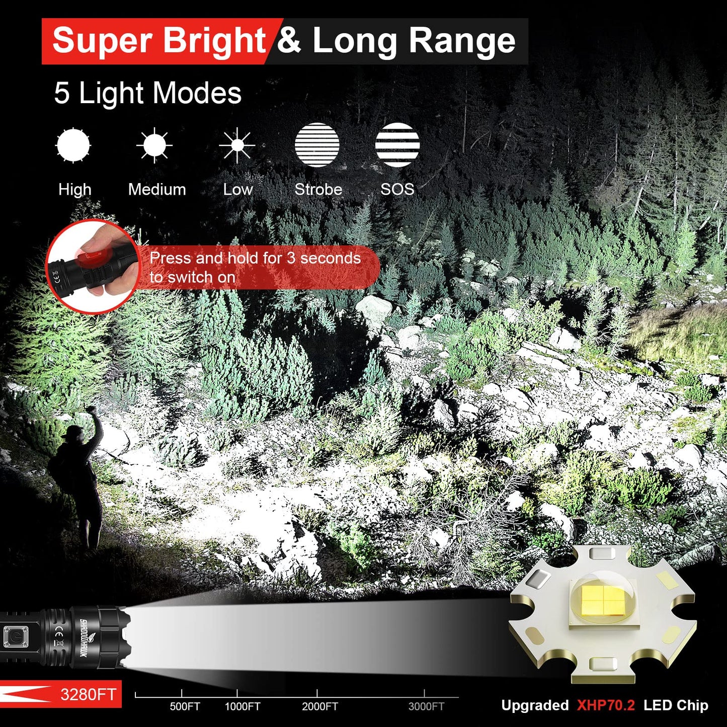- Shadowhawk Torches LED Super Bright | 30000 Lumens | Rechargeable LED Torch -