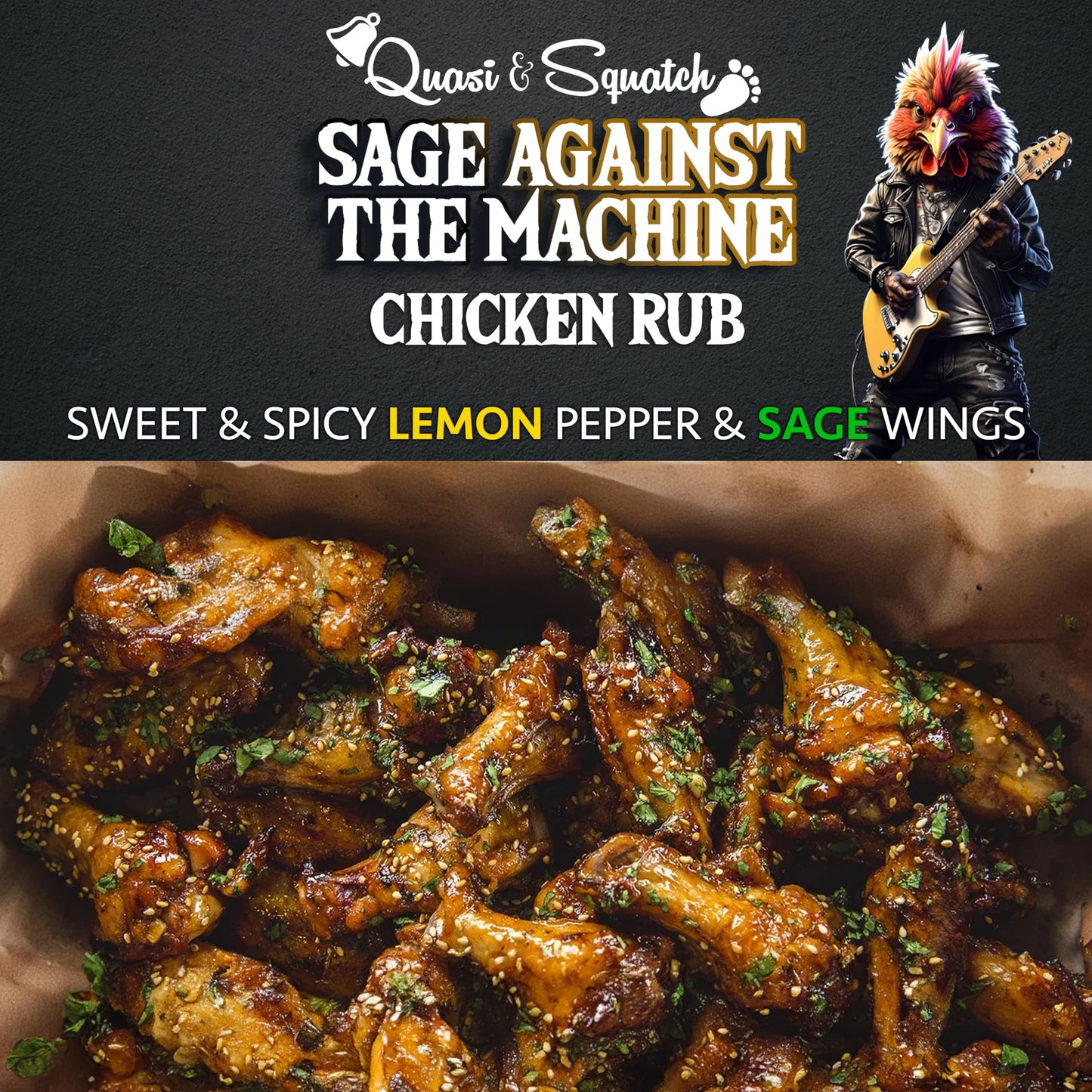 BBQ Rub for Chicken by Quasi & Squatch - Sage Against The Machine - Chicken Rub (Smokey Lemon Pepper & Sage) Smoked Chicken & Wings Rub Seasoning | Dry Spice for Professional BBQ & Grill | Large 220g