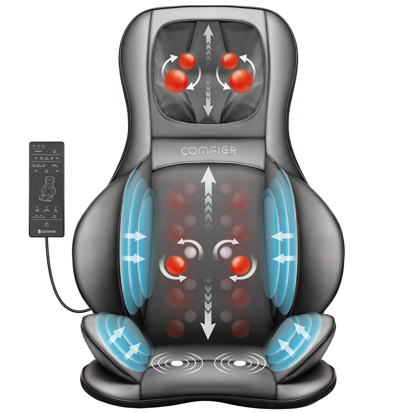 COMFIER Shiatsu Back Massager with Heat -Deep Tissue Kneading Massage Chair, Massage Chair Pad for Full Back, Chair Massager for Home or Office Chair use (dark grey), Gifts for Women,Men