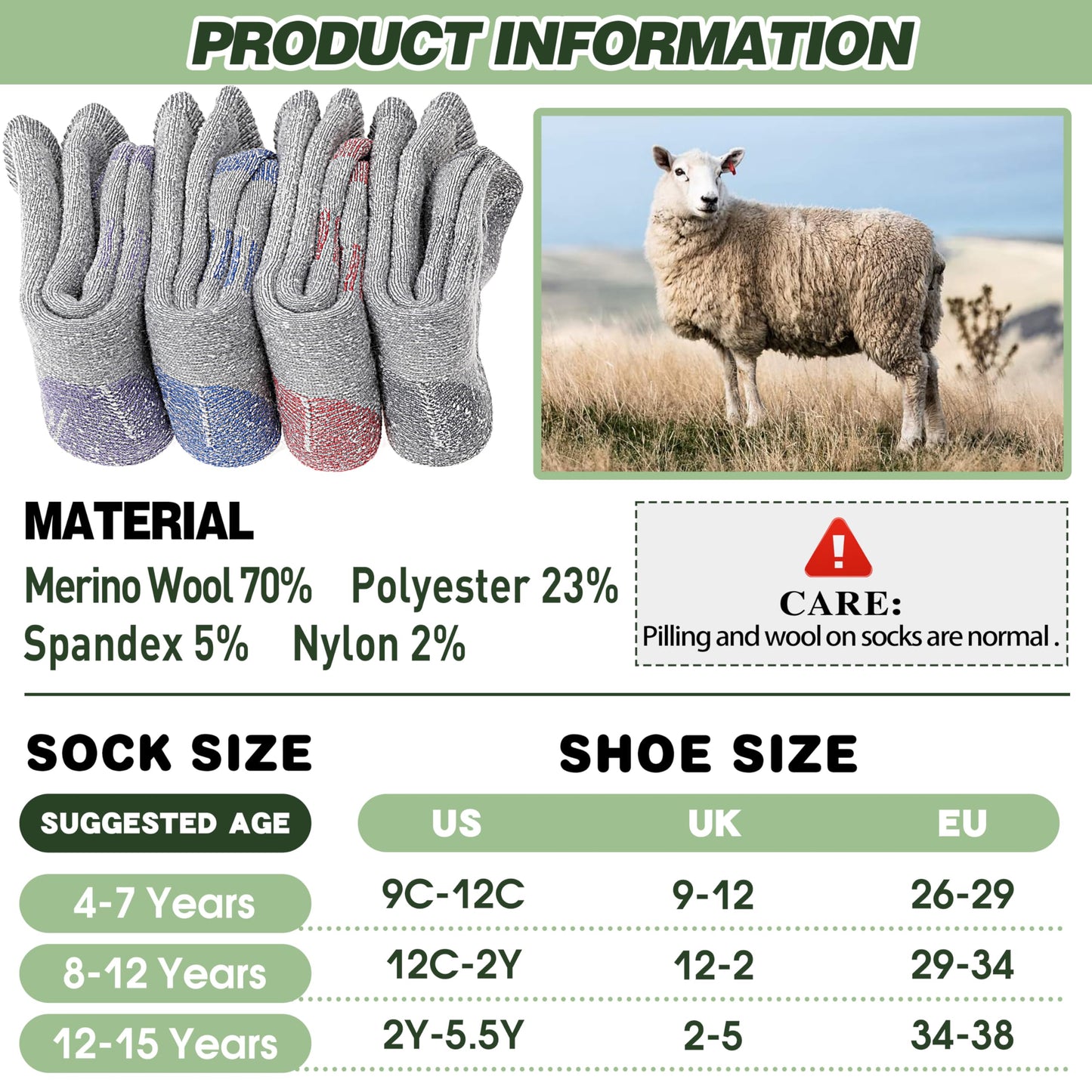 - Sandsuced Kids Merino Wool Walking Socks | Girls Boys | Winter Thermal Warm -