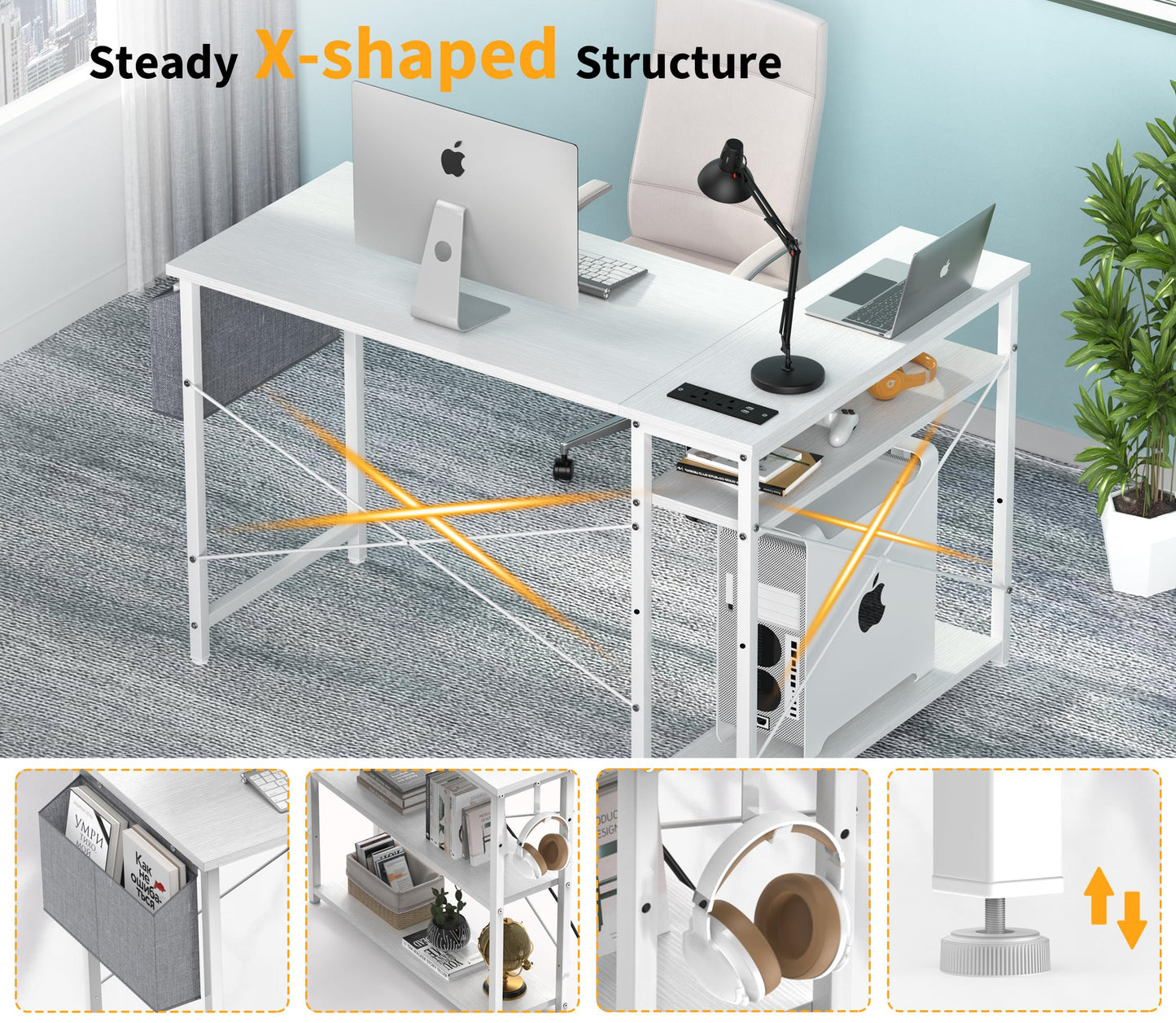 - Yornoli L Shaped Computer Desk with Power Outlet, 118CM Corner Office Desk for Small Spaces with Storage Shelves, Study Work Writing Table for Home Office Bedroom, Snow White