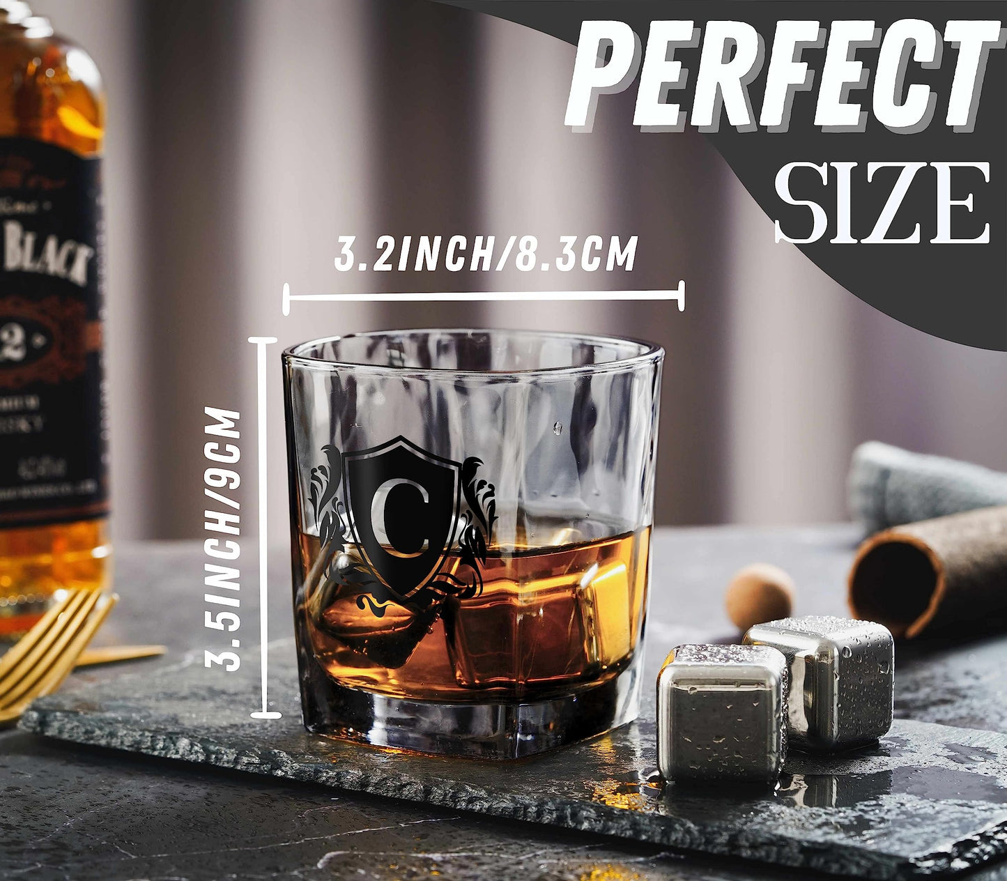 - Whisky Gifts for Men, Personalized Initial Whiskey Glass with Whiskey Stones for Dad
