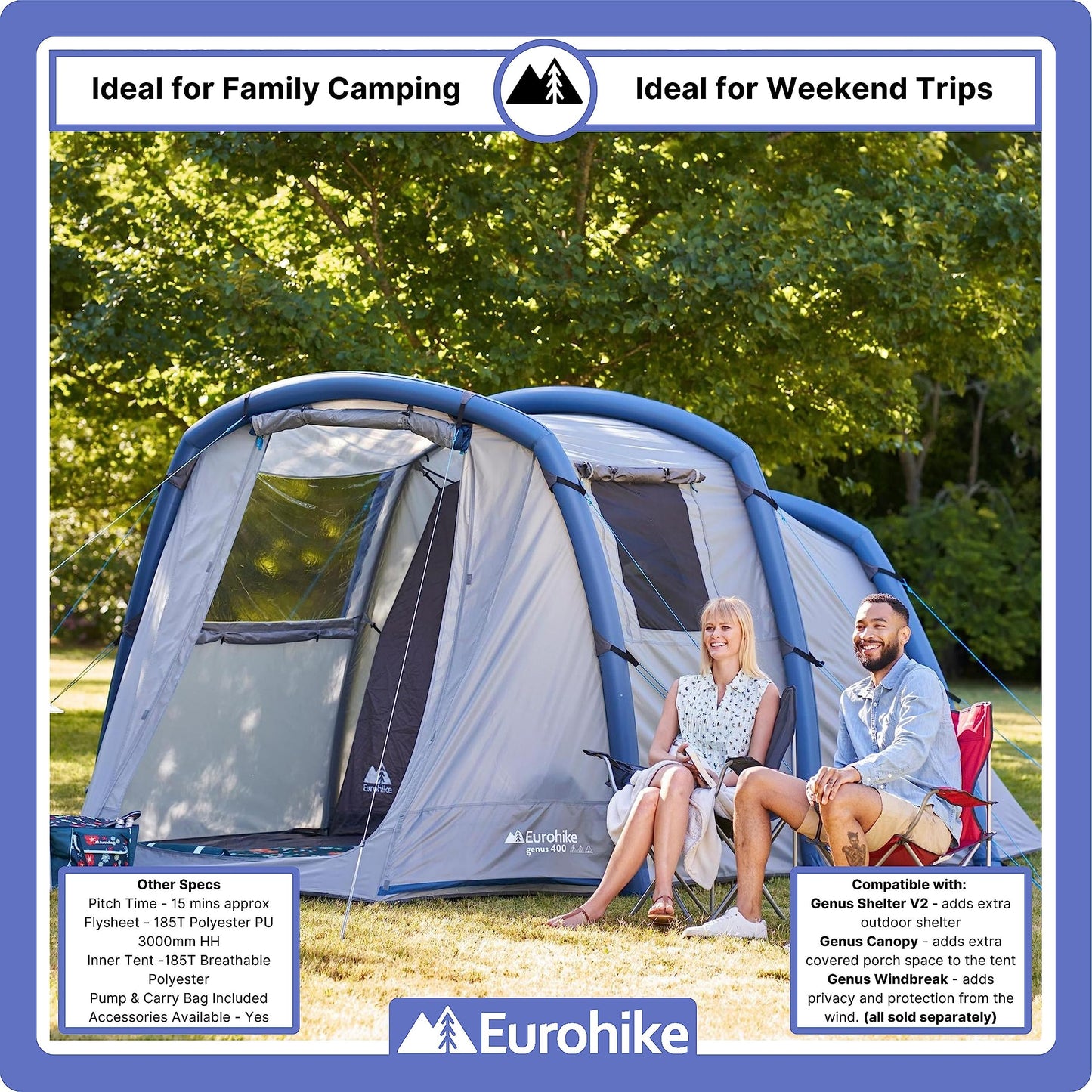 - Eurohike Genus 400 Inflatable 4 Person Air Tent | Separate Bedroom | Living Area | Porch -