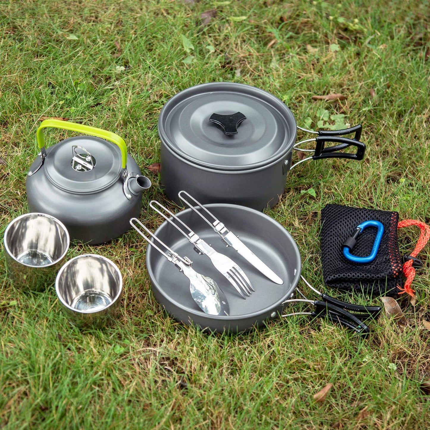 - Odoland Camping Cookware Mess Kit | 2 People | Lightweight Outdoor Pot Pan Kettle with 2 Cups -