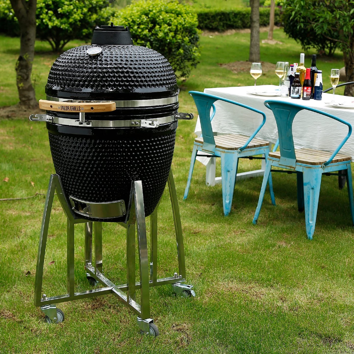- Fresh Grills Ceramic BBQ Grill | Mini Kamado BBQ Oven | Barbecue Grill and Charcoal Smoker with Stand -