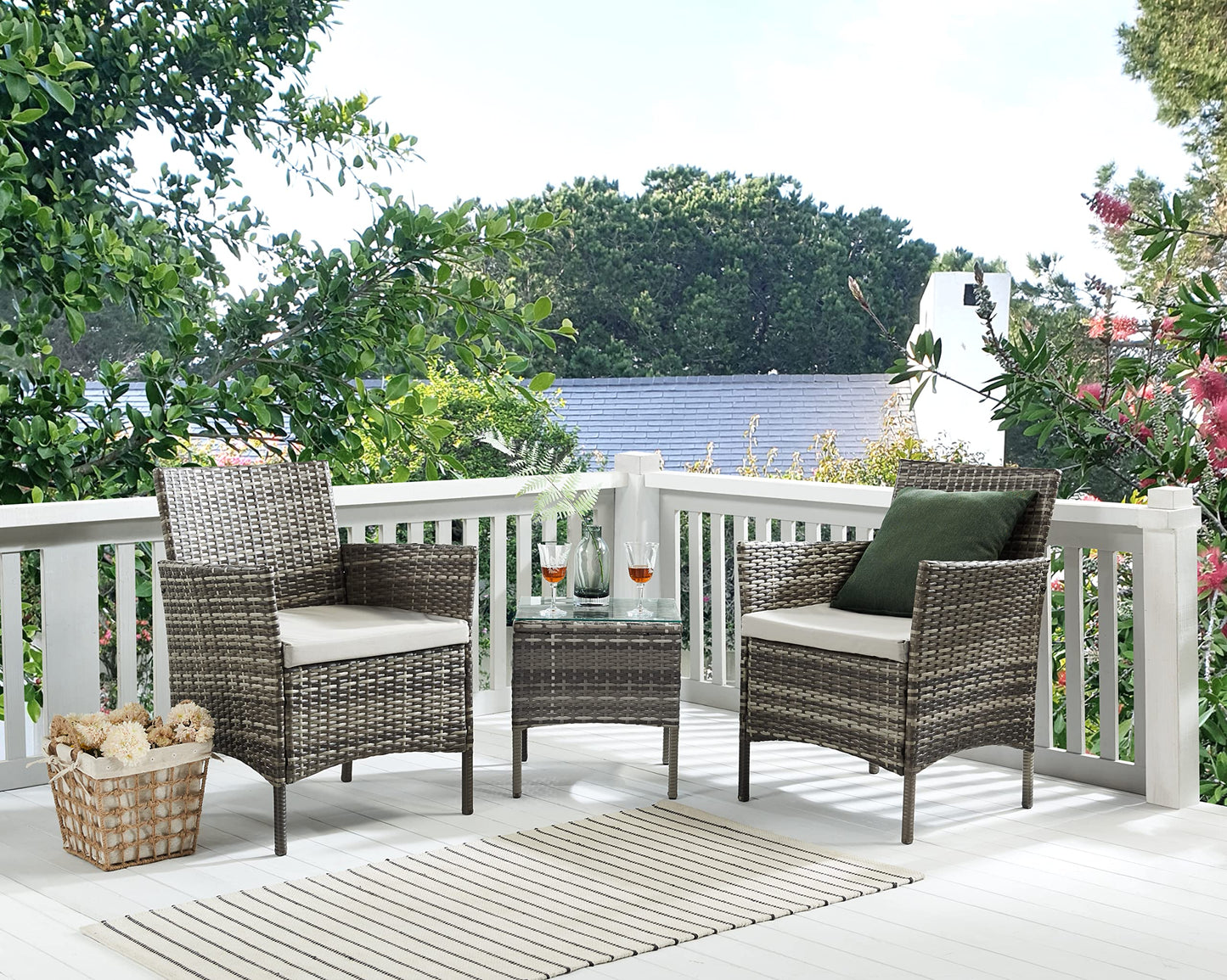 - TMEE Rattan Garden Outdoor Furniture Set Gray | 3 Pieces Patio Conversation Sets -