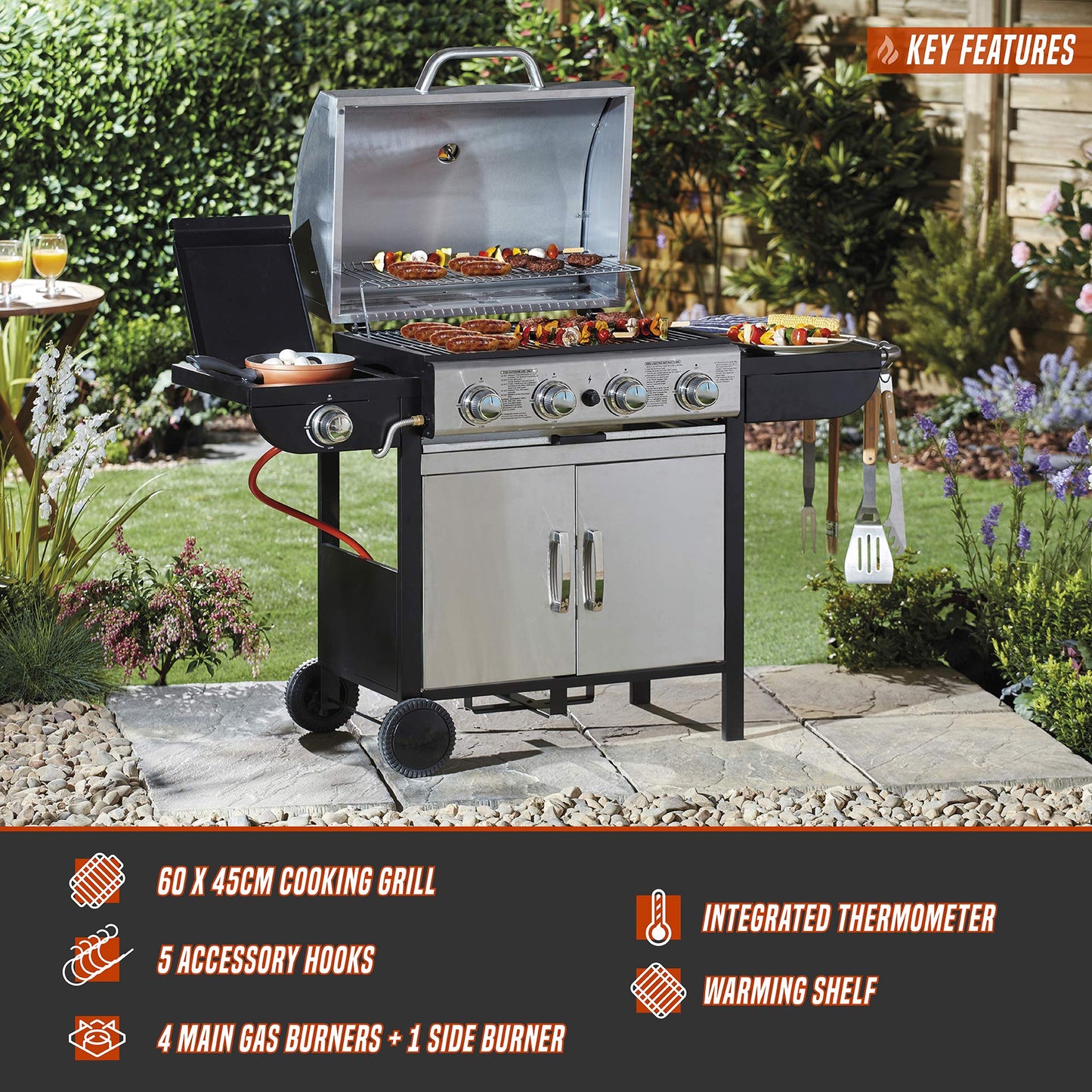 Blazebox Gas BBQ Grill 4 + 1 Side Burner & Warming Racks, 4 Dial Temperature Control, Multi Cook System, Stainless Steel Finish (Gas Burner BBQ)
