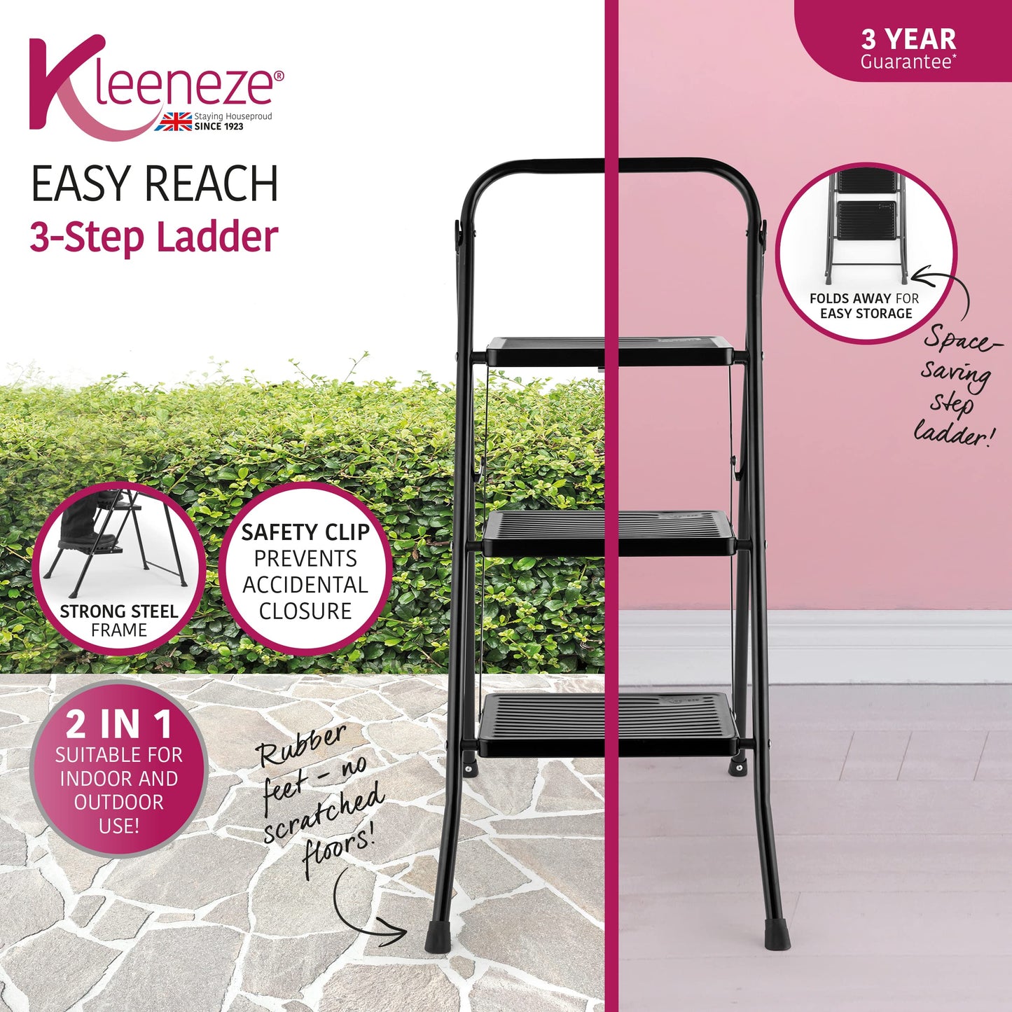- Kleeneze KL068514BLKFEU7 3 Step Ladder | Lightweight Folding Stepladder for DIY -
