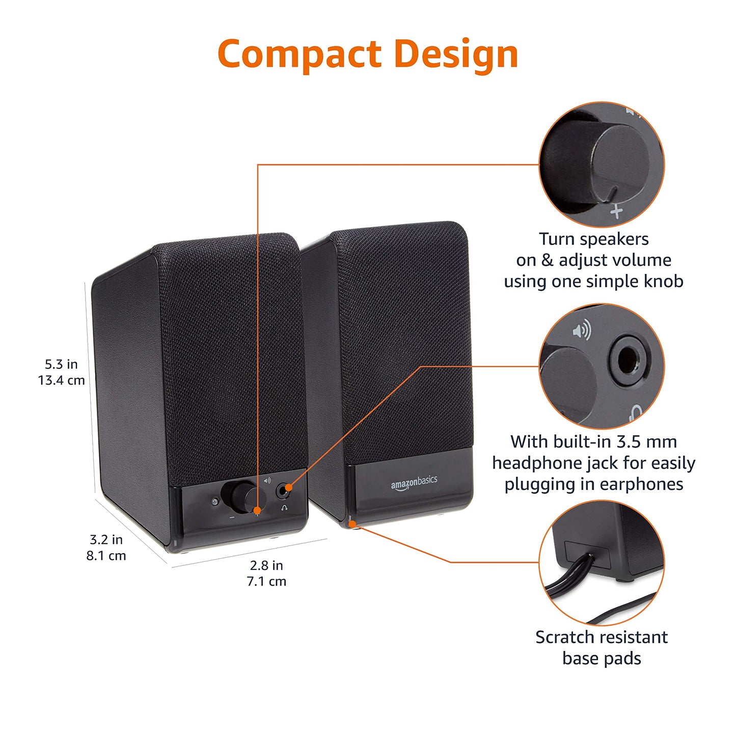 Amazon Basics Computer Speakers For Desktop or Laptop PC, USB-Powered, Black