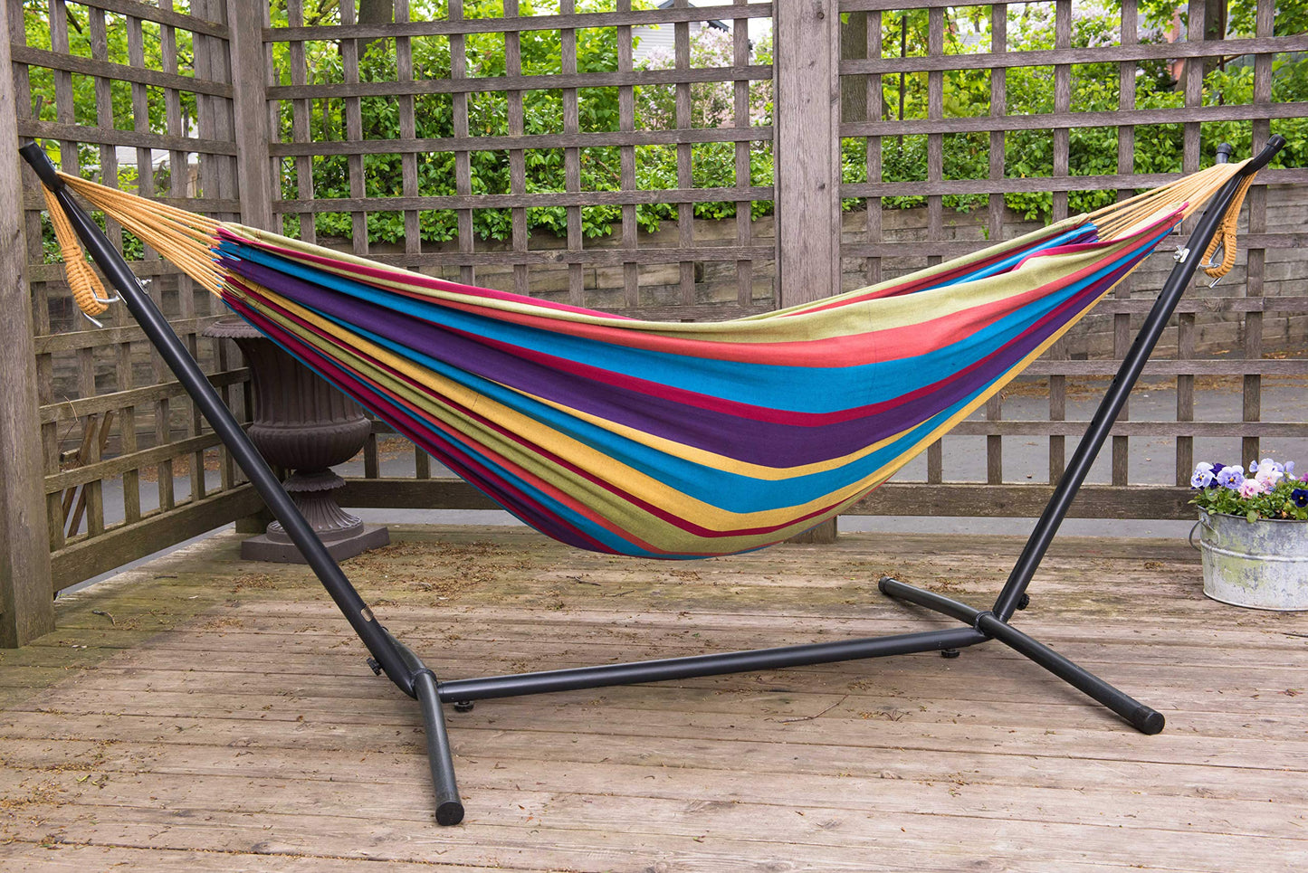 - Vivere UHSDO8-20 Double Cotton Hammock with Space-Saving Steel Stand Including Carrying Bag, Tropical -