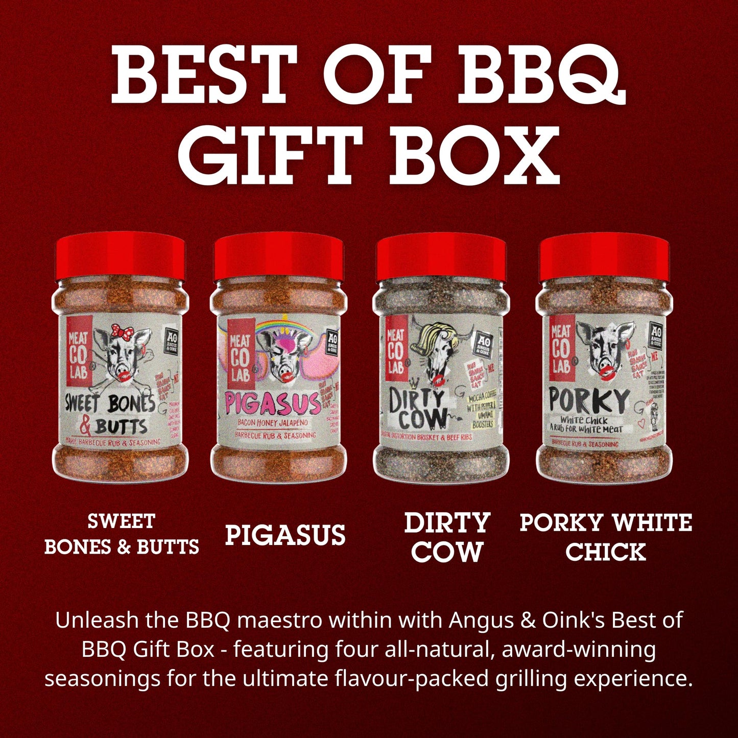 Angus & Oink Gift Set | Best of BBQ Gift Box | BBQ Rubs | 1 x Sweet Bones & Butts 220G | 1 x Dirty Cow Seasoning 220G | 1 x Pigasus 220G | 1 x Porky White Chick 220G | BBQ Lover Gift Set