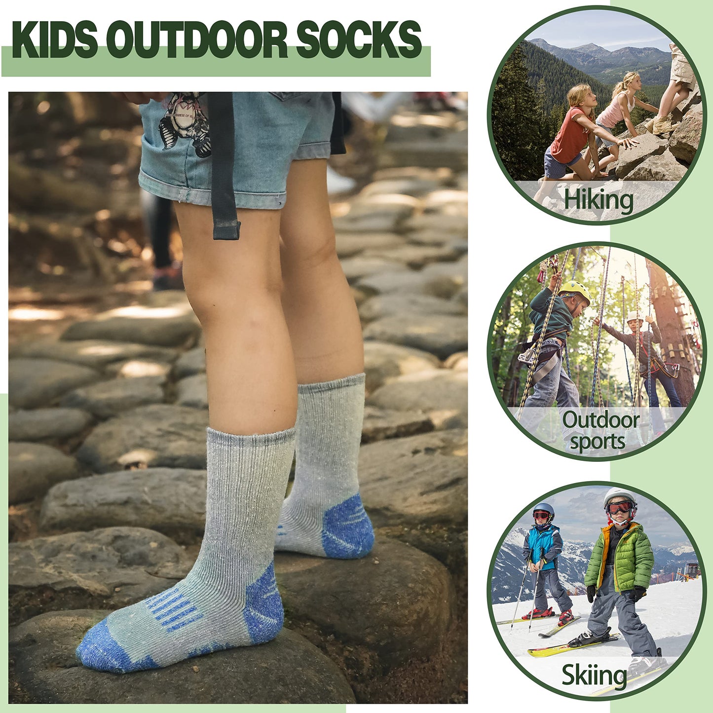 - Sandsuced Kids Merino Wool Walking Socks | Girls Boys | Winter Thermal Warm -