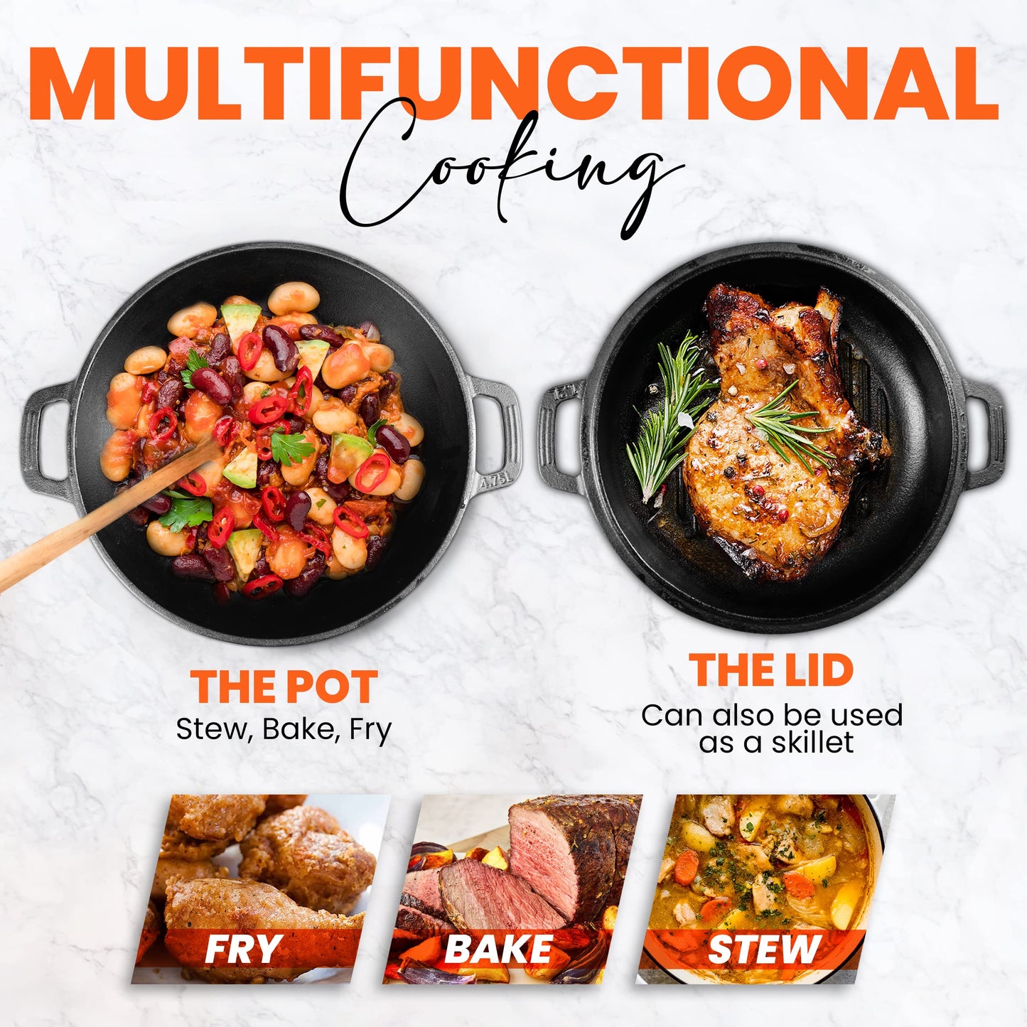 - KICHLY 4.7L/5.0 Quart Pre Seasoned Cast Iron Pan | Dutch Oven with Lid | Dual Function Cast Iron Griddle Pan -