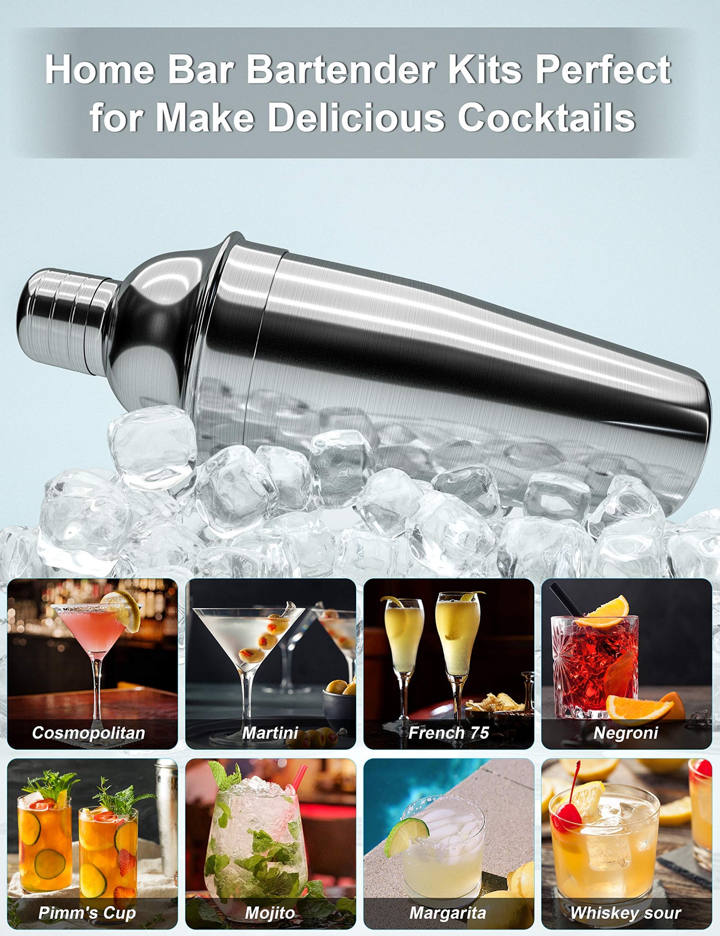 Bokhot 750ml Bartender Kit, 14PCS Cocktail Making Set Stainless Steel Cocktail Shaker Set with Rotating Stand,Shaker Tins, Jigger, Spoon, Pourers, Strainer,Tongs,Bottle Stoppers,Opener, Recipes(Black)