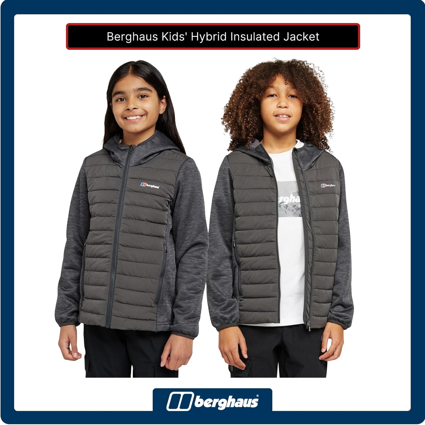 Berghaus Kids' Water Repellent and Insulated Hybrid Jacket, Kids' Fleece Jacket, Kids' Hiking & Outdoor Recreation Clothing (11-12 Years, Grey)