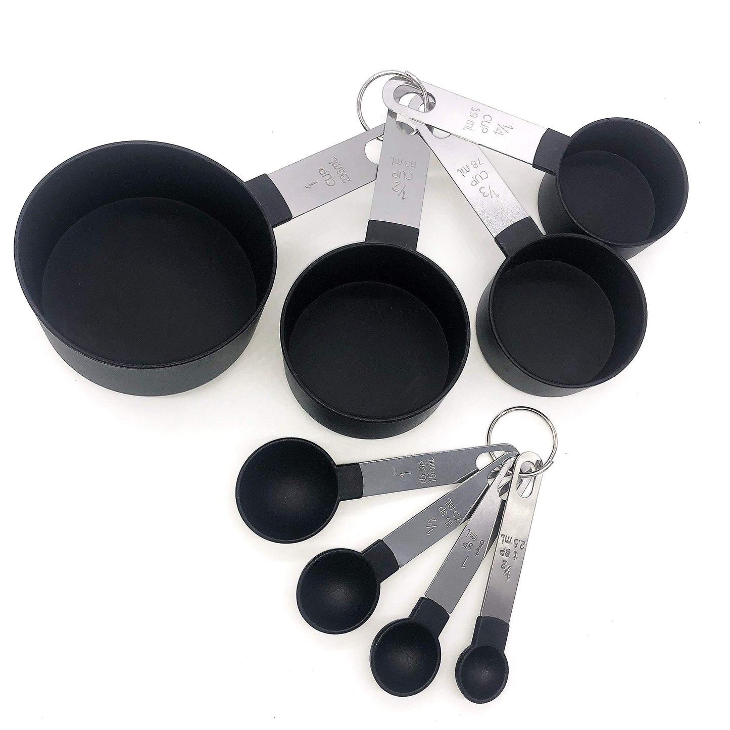 - FONYA 8-Piece Black Measuring Tools | 4 Measuring Cups / 4 Measuring Spoons with Metal Handles -