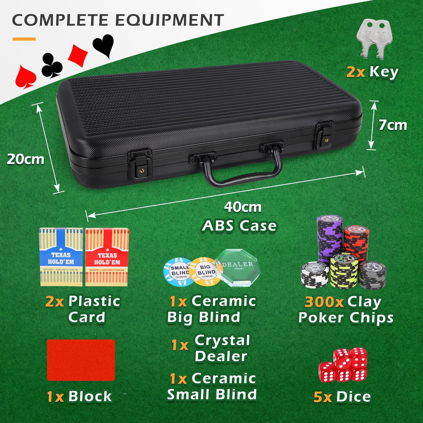 - ORIENTOOLS 300PCS Poker Chips Set | 2 Decks of Playing Cards, Dealer, Blind, Dice -