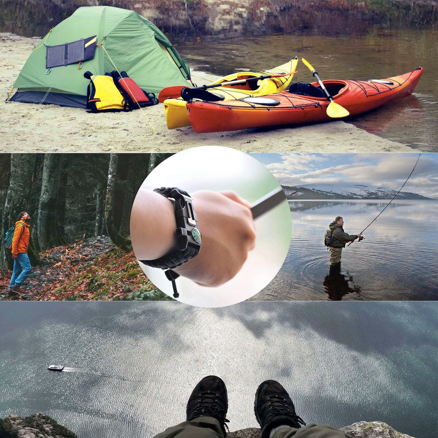 aZengear Paracord Survival Bracelet (2 Pack) | Flint Steel Fire Starter, Compass, Whistle,Hiking Accessories, Wild Camping Equipment Kit, Bushcraft, Emergency (Black and Orange)