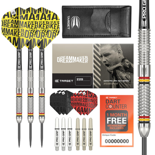 - TARGET Darts | Dimitri van den Bergh Dimi | 24G | 80% Tungsten Steel | 9 Pro Grip Shafts | 9 Pro Ultra Flights | Dart Wallet Bundle -