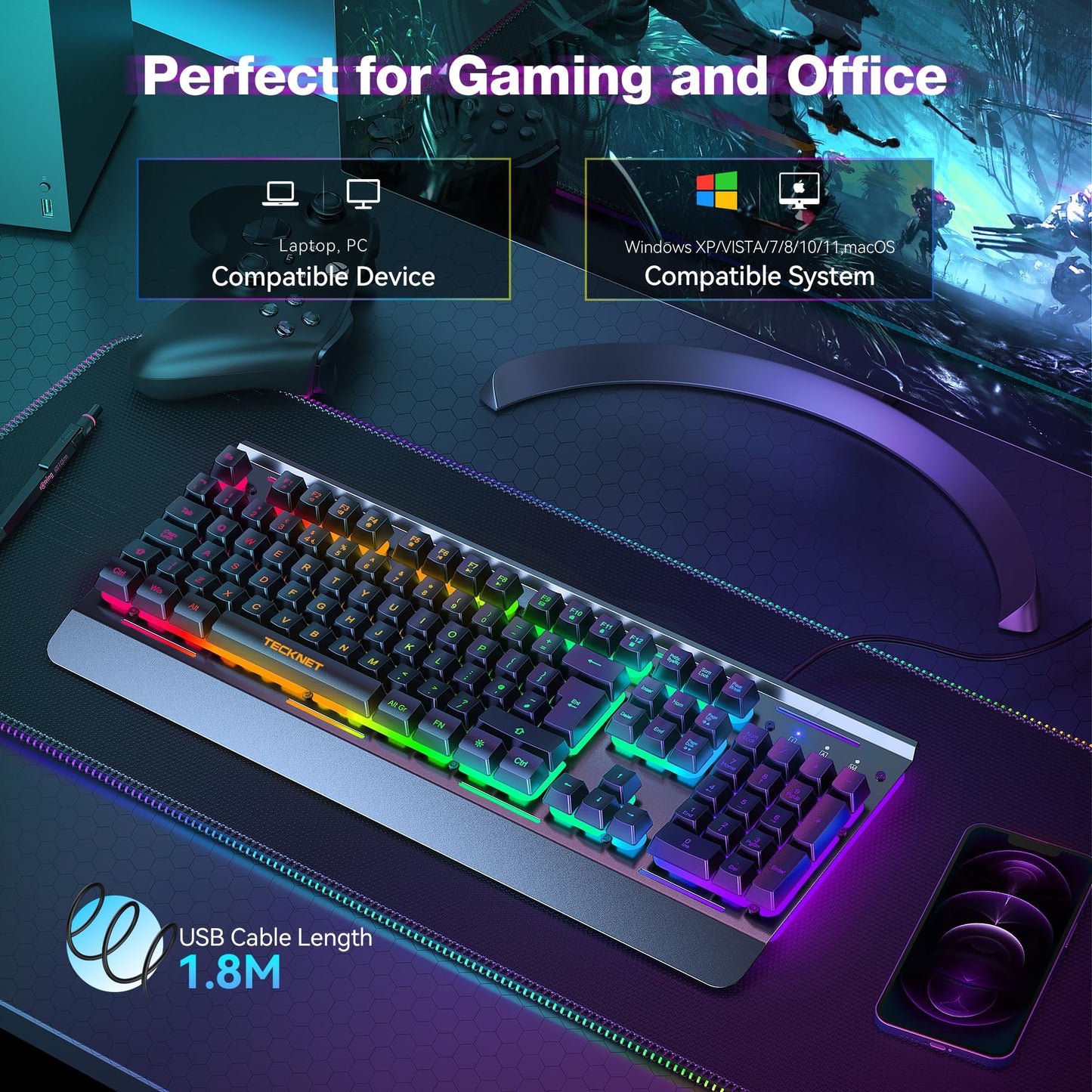 - TECKNET RGB Gaming Keyboard | 105 Keys | All-Metal Panel -