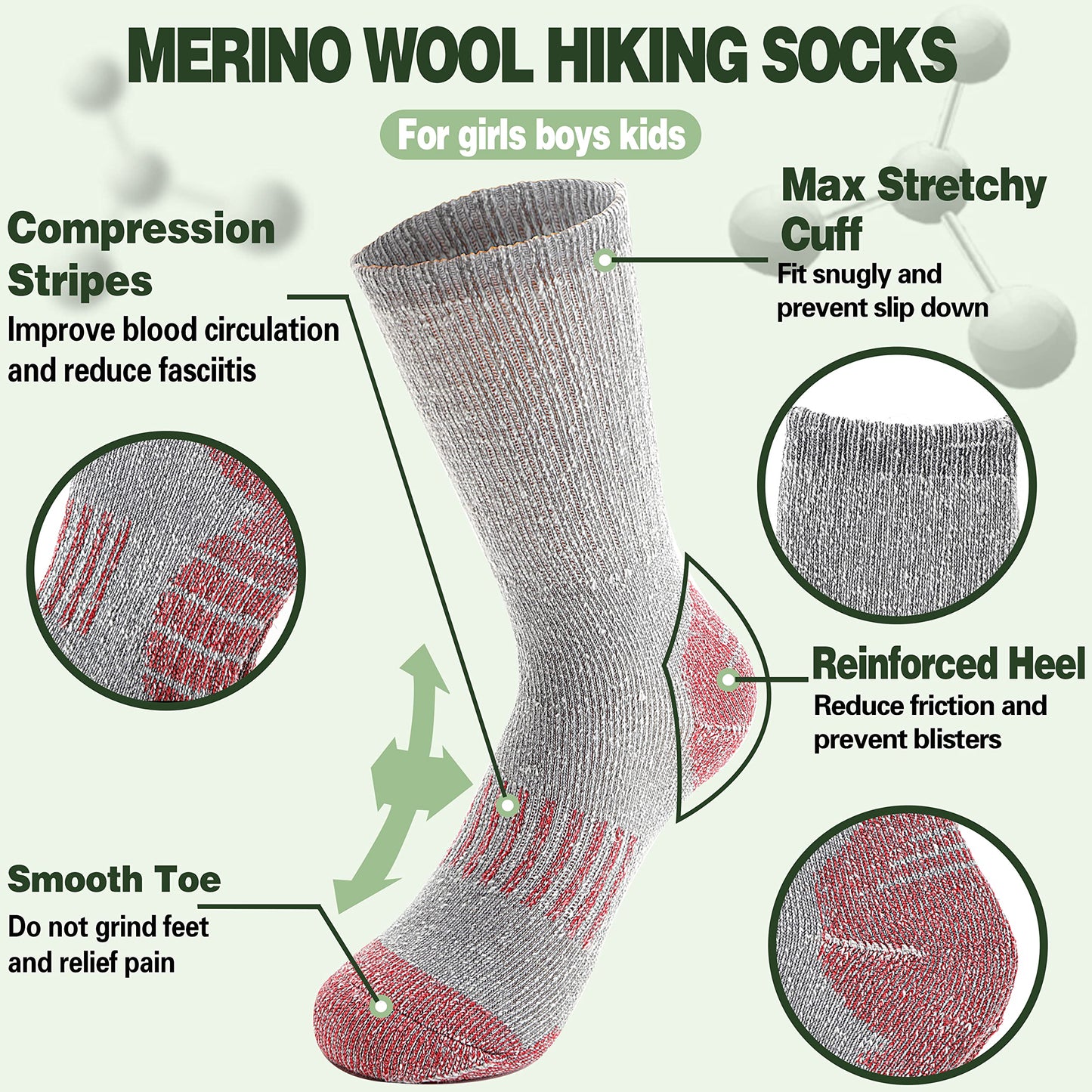 - Sandsuced Kids Merino Wool Walking Socks | Girls Boys | Winter Thermal Warm -