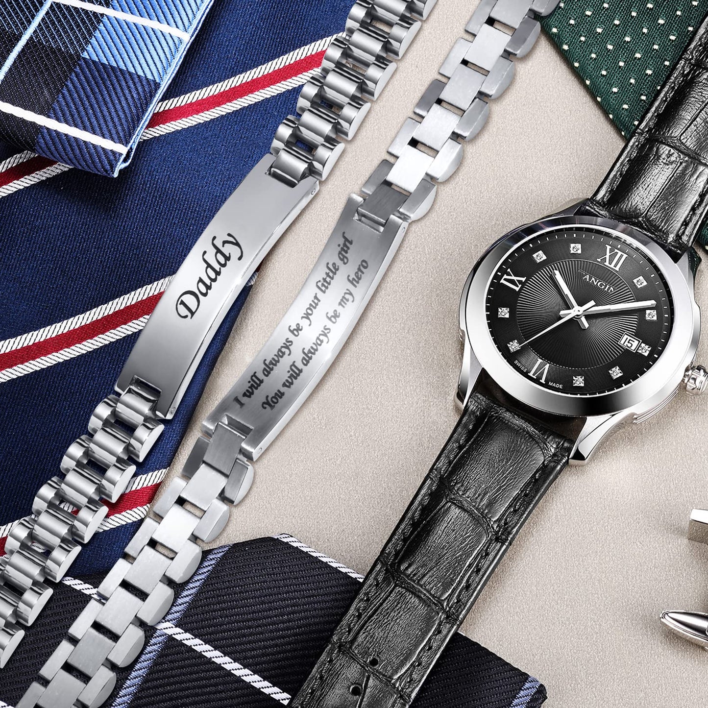 - TempBeau Daddy Gifts Mens Bracelet | Engraved Dad Silver Link Chains -