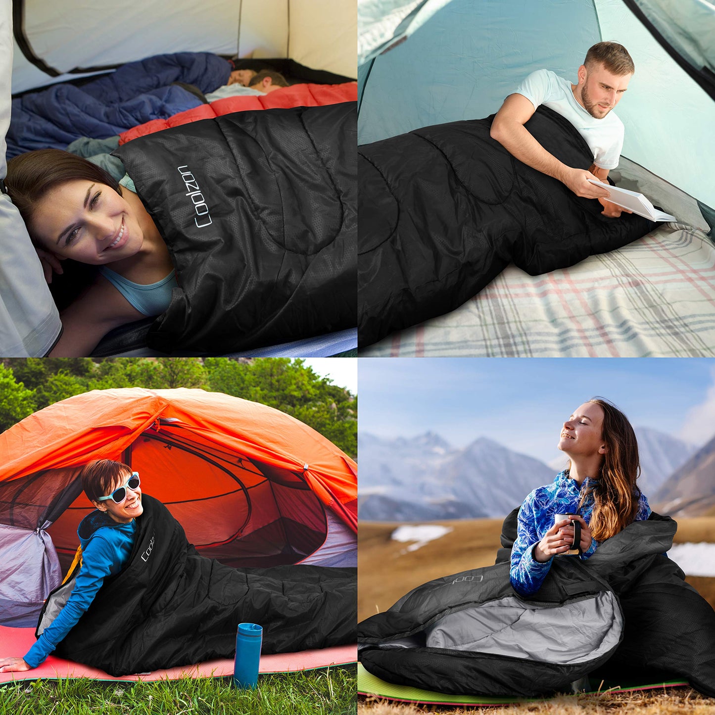Coolzon Outdoor Sleeping Bag for Camping, for 3-4 Seasons, Adult Blanket, Small Packed Size, Ultralight Carry Bag, Soft, Thick and Warm, for Outdoor Camping, Travel, Hiking, Black